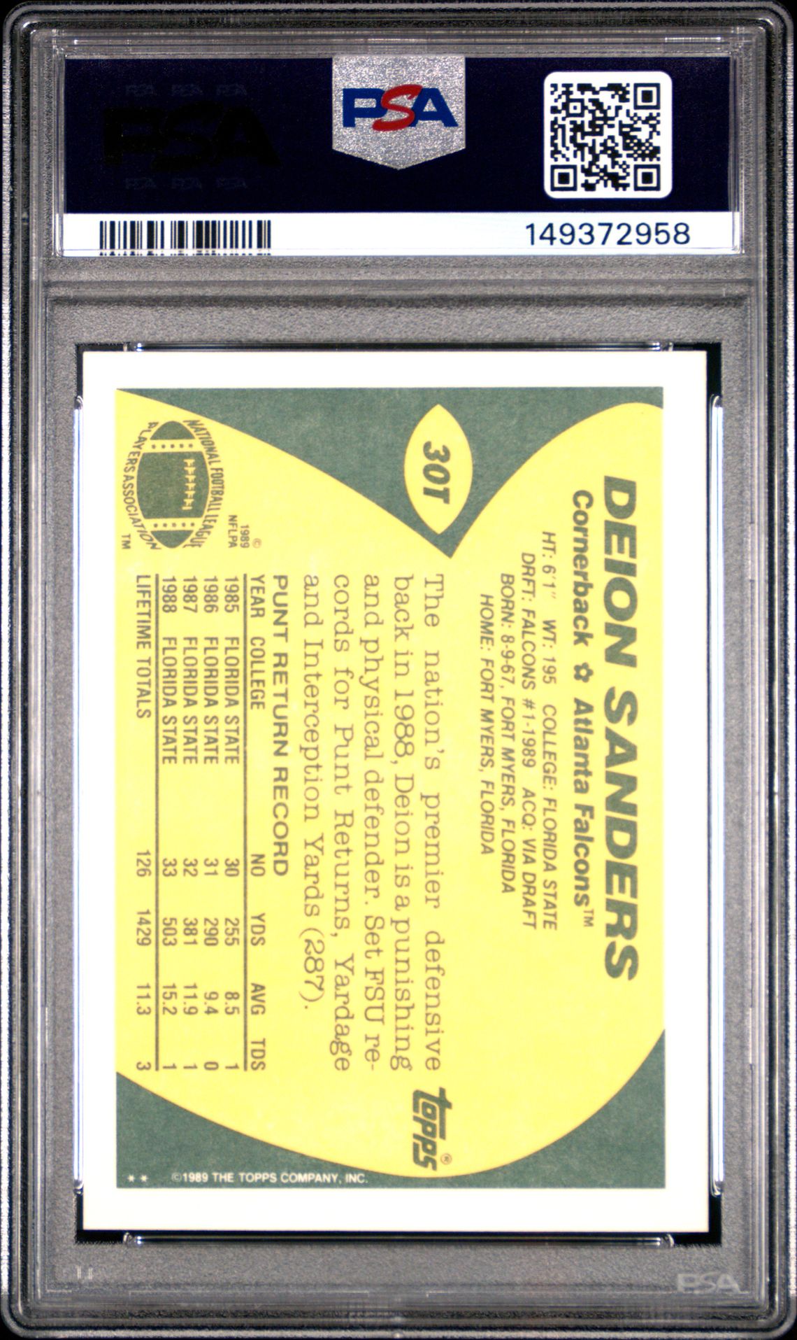 1989 Topps Traded Deion Sanders #30T Mint 9 back