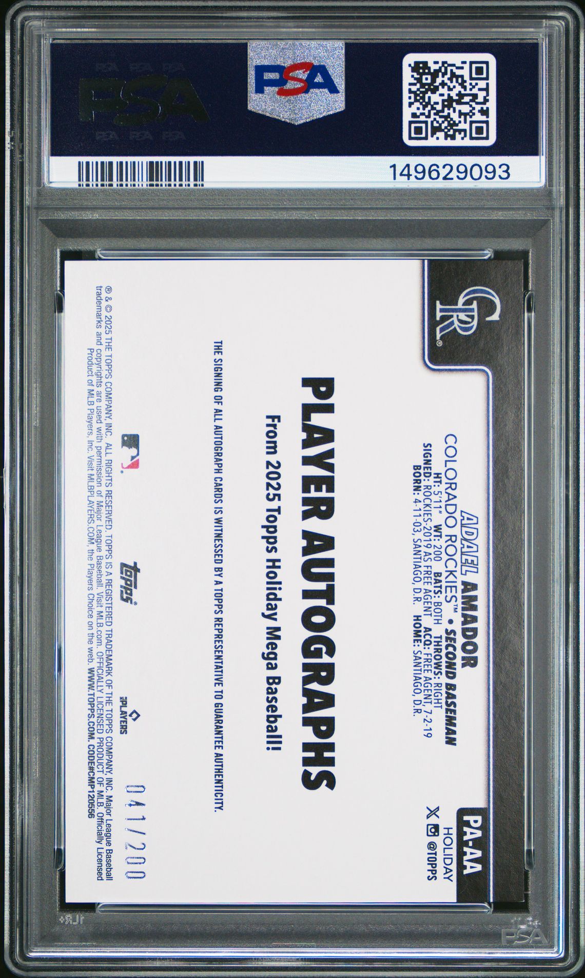 2025 Topps Holiday Mega Player Autographs Adael Amador #Aa Mint 9 back