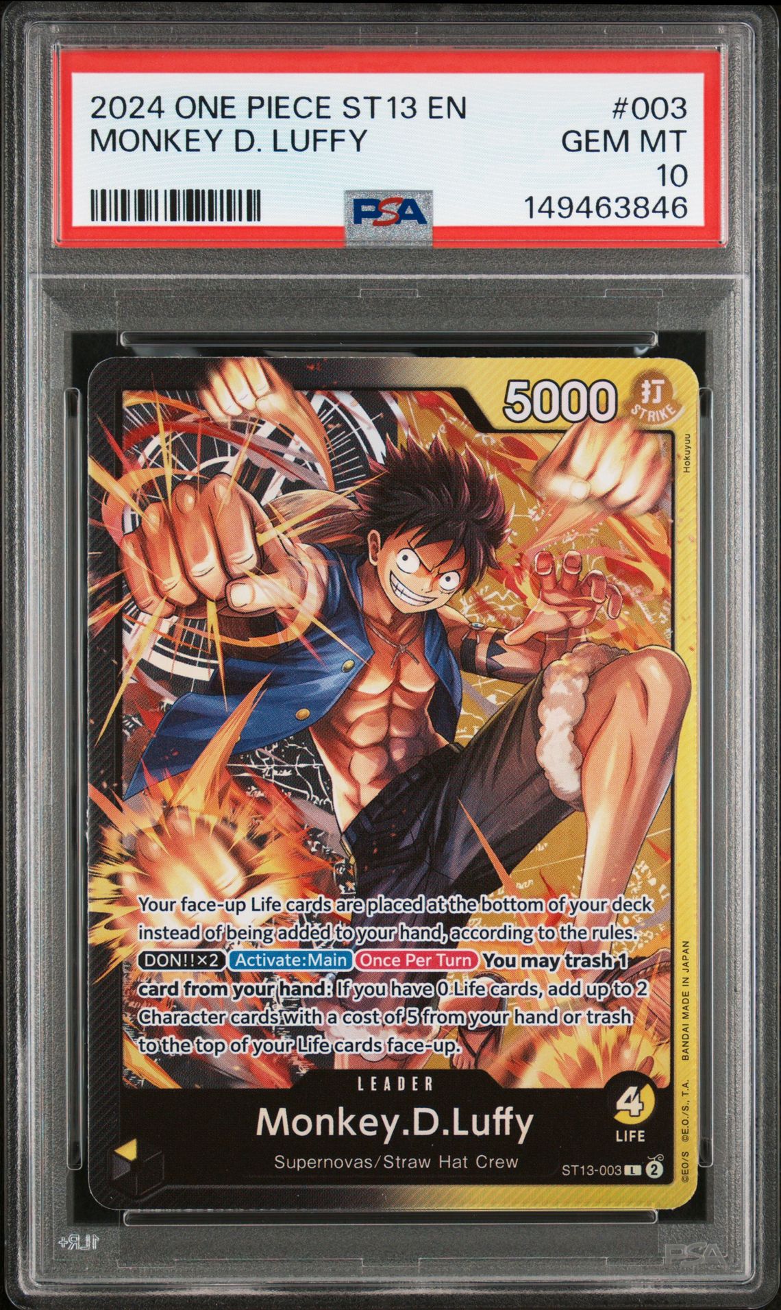 2024 One Piece Ultra Deck St13-The Three Brothers Monkey D. Luffy #003 Gem Mt 10 front view - PSA graded GEM MT 10