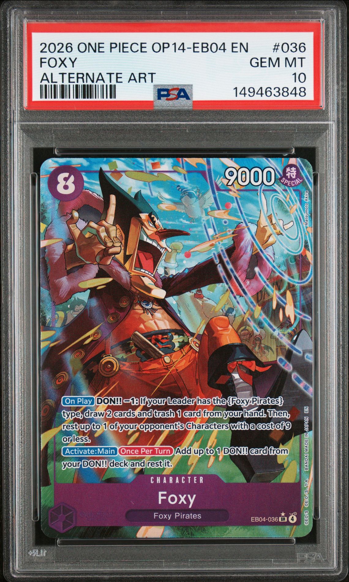 2026 One Piece Op14-Eb04-The Azure Sea's Seven Foxy #036 (Alternate Art) Gem Mt 10 front view - PSA graded GEM MT 10