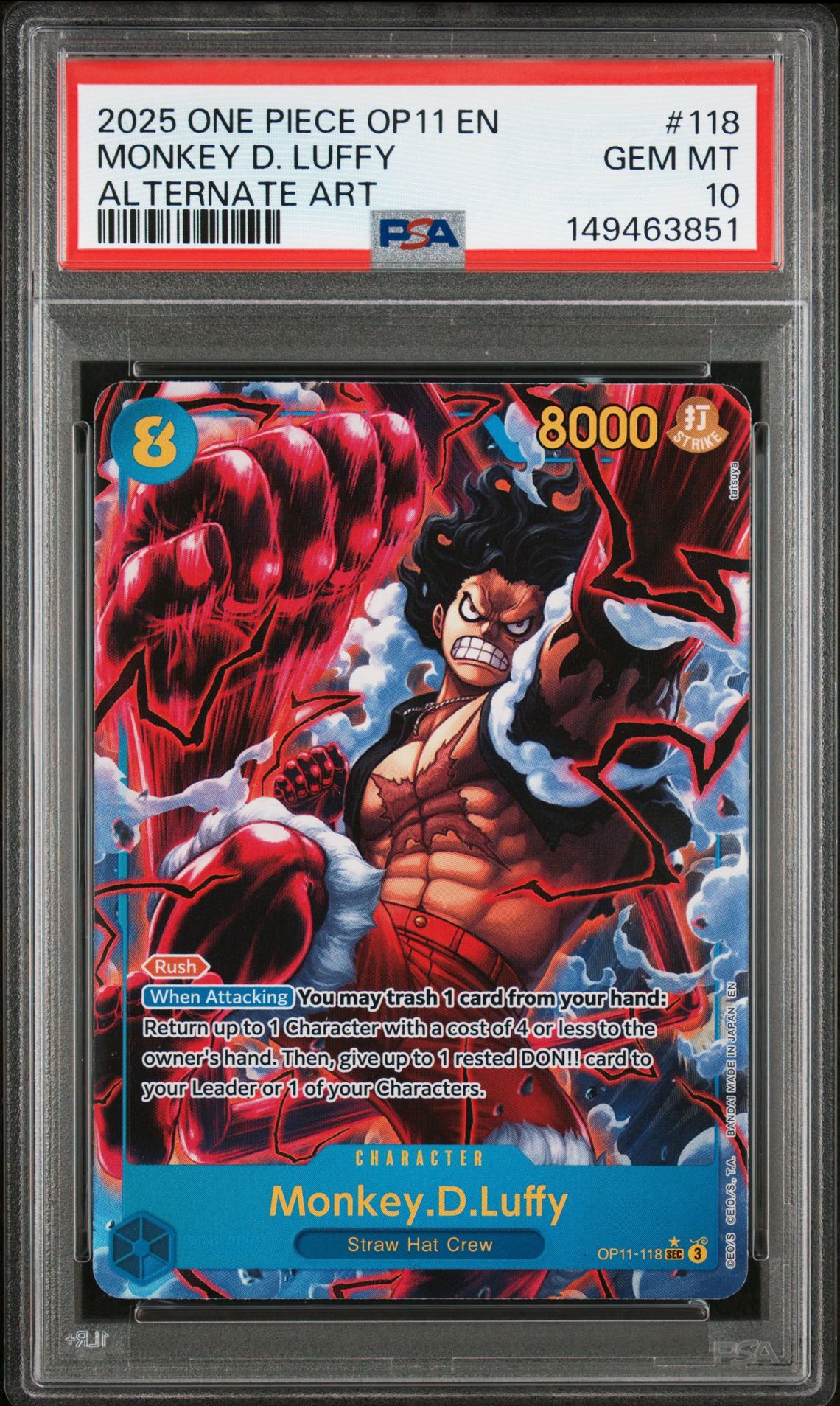 2025 One Piece Op11-A Fist Of Divine Speed Monkey D. Luffy #118 (Alternate Art) Gem Mt 10 front view - PSA graded GEM MT 10