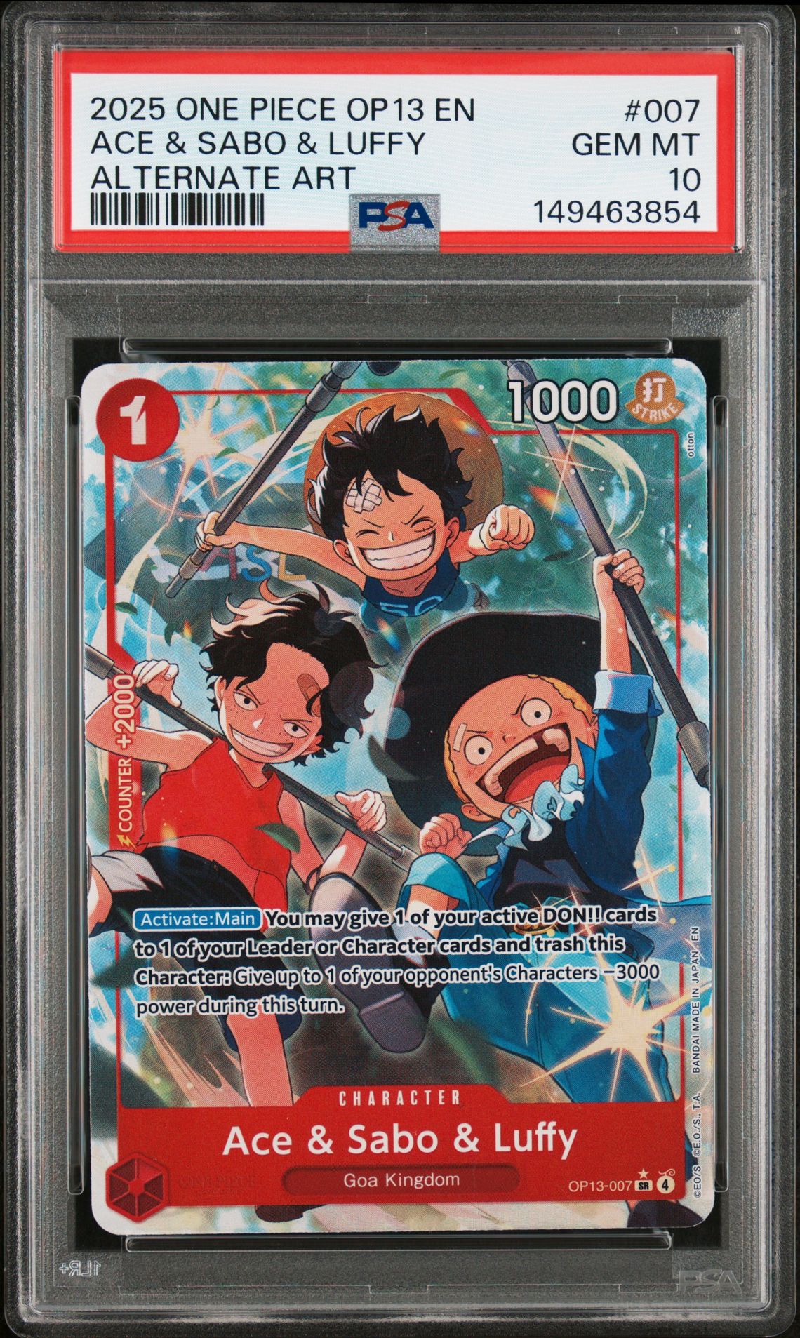 2025 One Piece Op13-Carrying On His Will Ace & Sabo & Luffy #007 (Alternate Art) Gem Mt 10 front