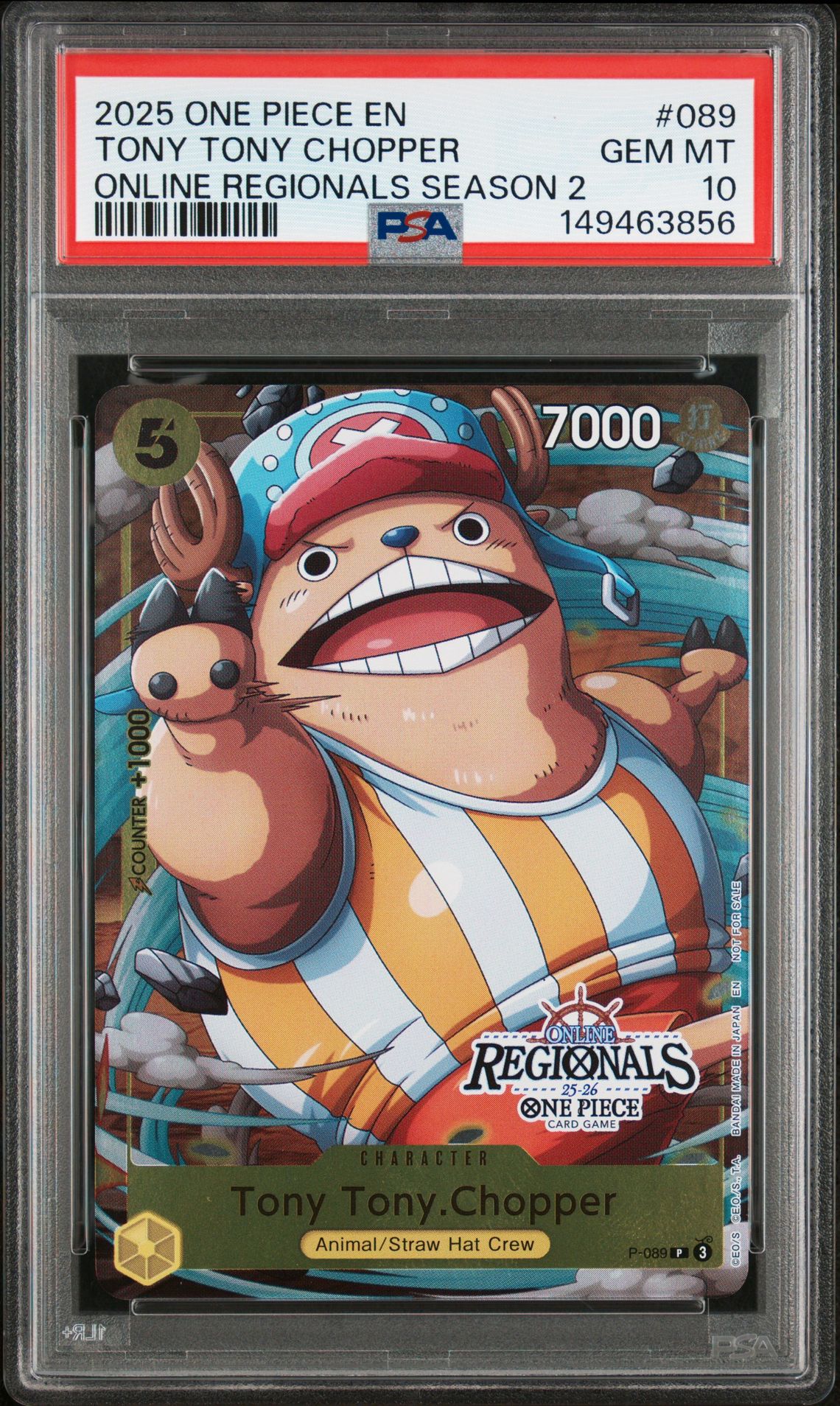 2025 One Piece Online Regionals Pack 2025 Season 2 Tony Tony Chopper #089 Gem Mt 10 front view - PSA graded GEM MT 10