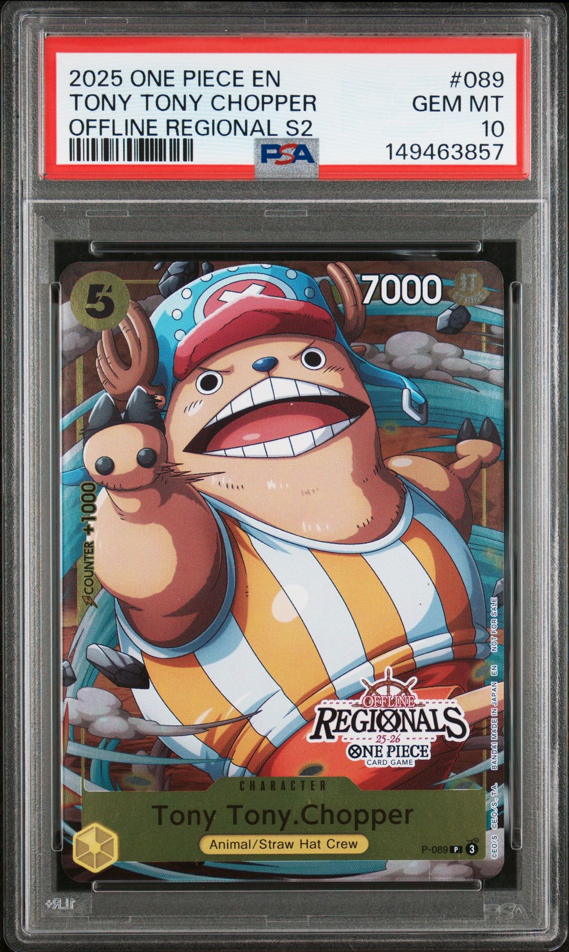 2025 One Piece Offline Regionals Pack 2025 Season 2 Tony Tony Chopper #089 Gem Mt 10 front view - PSA graded GEM MT 10