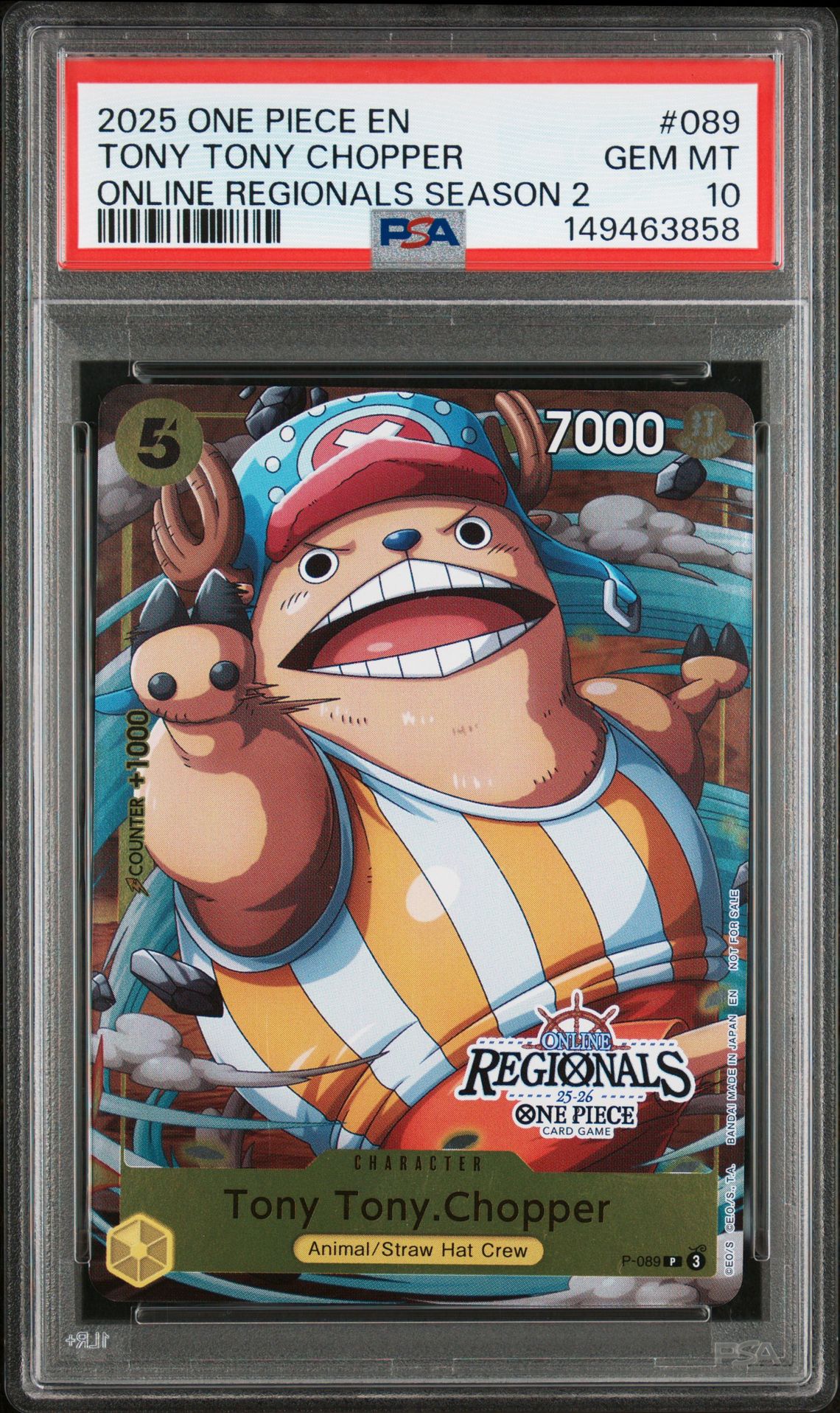 2025 One Piece Online Regionals Pack 2025 Season 2 Tony Tony Chopper #089 Gem Mt 10 front view - PSA graded GEM MT 10