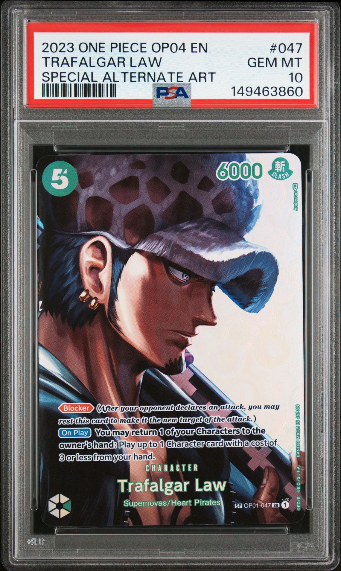 2023 One Piece Op04-Kingdoms Of Intrigue Trafalgar Law #047 (Special Alternate Art) Gem Mt 10 front view - PSA graded GEM MT 10
