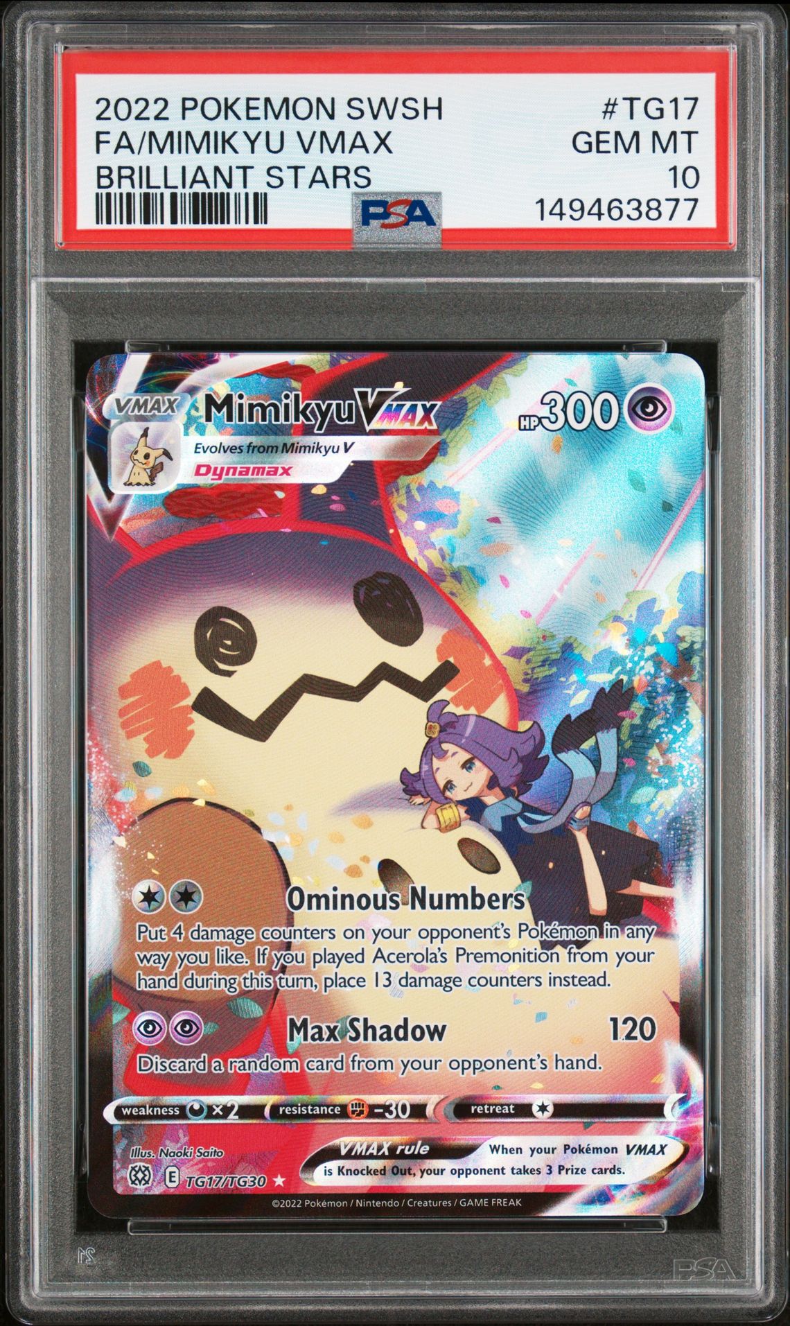2022 Pokemon Sword & Shield Brilliant Stars Fa/Mimikyu Vmax #Tg17 (Brilliant Stars) Gem Mt 10 front