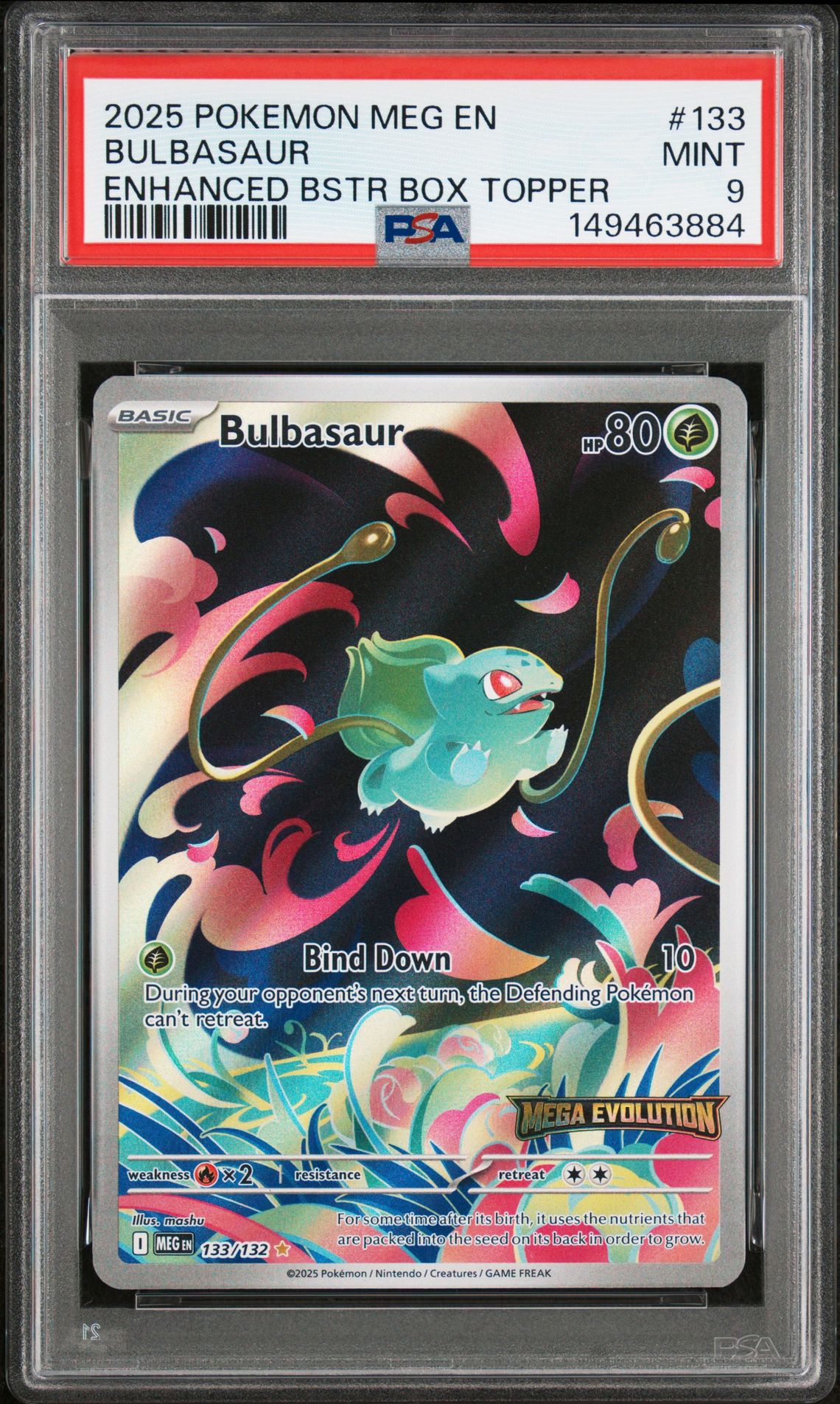 2025 Pokemon Meg En-Mega Evolution Bulbasaur #133 (Enhanced Bstr Box Topper) Mint 9 front