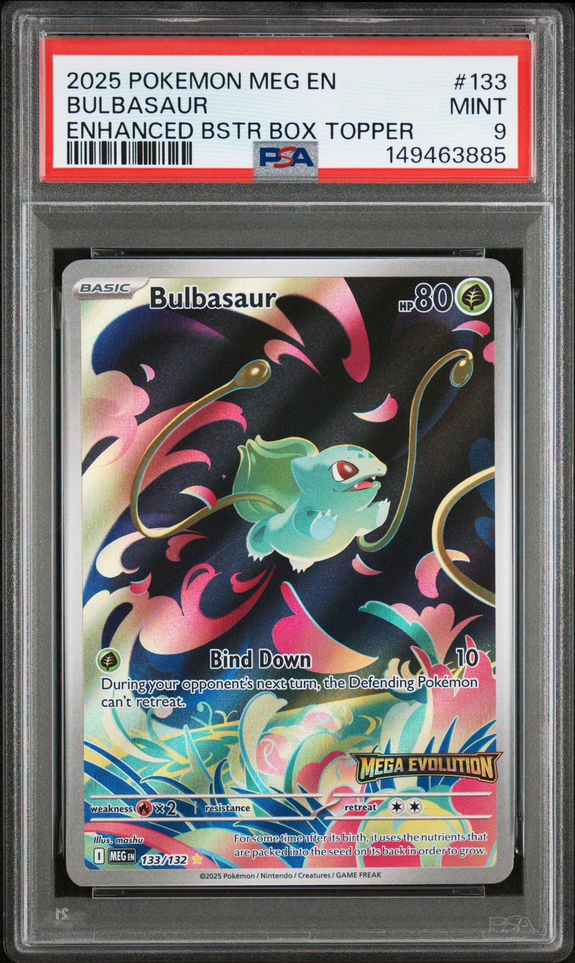 2025 Pokemon Meg En-Mega Evolution Bulbasaur #133 (Enhanced Bstr Box Topper) Mint 9 front