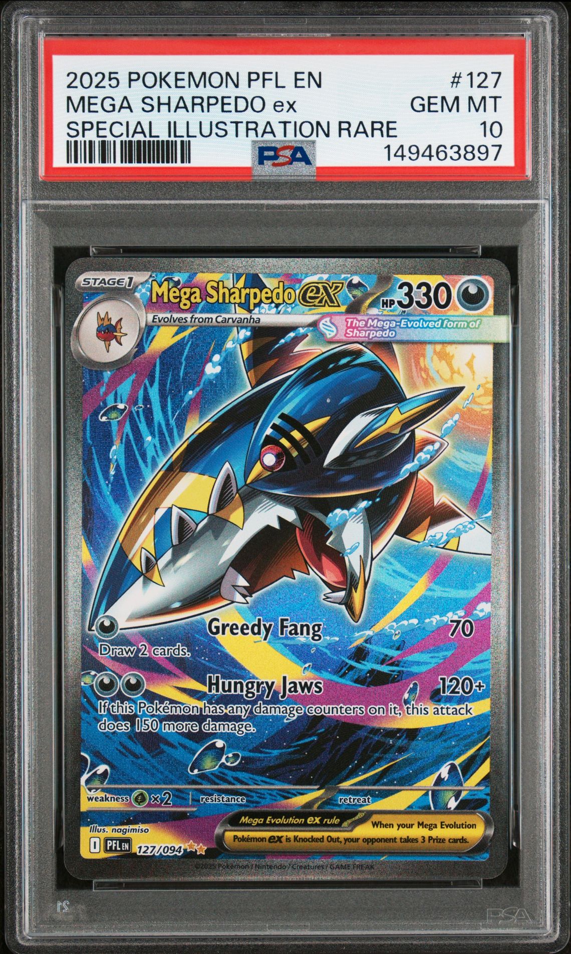 2025 Pokemon Pfl En-Phantasmal Flames Mega Sharpedo Ex #127 (Special Illustration Rare) Gem Mt 10 front view - PSA graded GEM MT 10