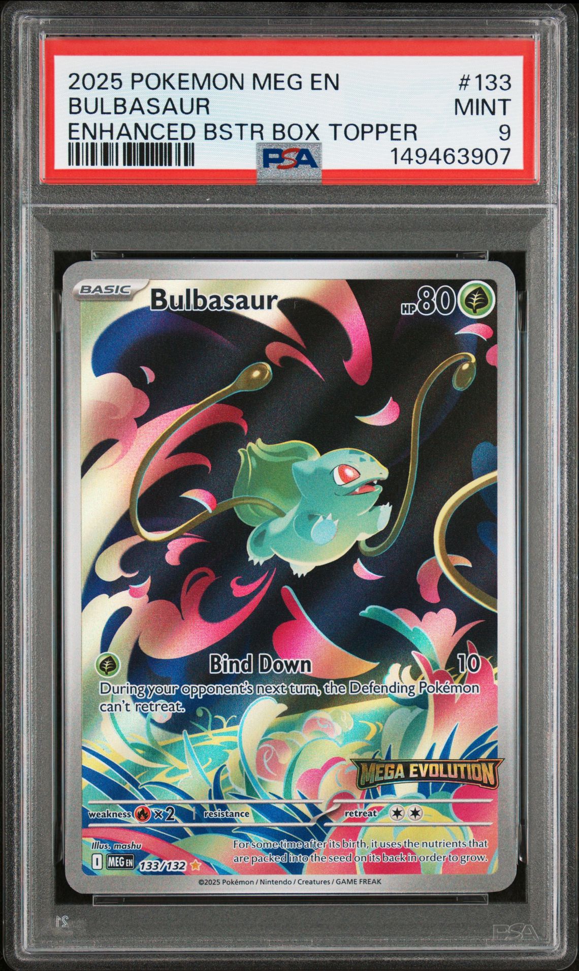 2025 Pokemon Meg En-Mega Evolution Bulbasaur #133 (Enhanced Bstr Box Topper) Mint 9 front