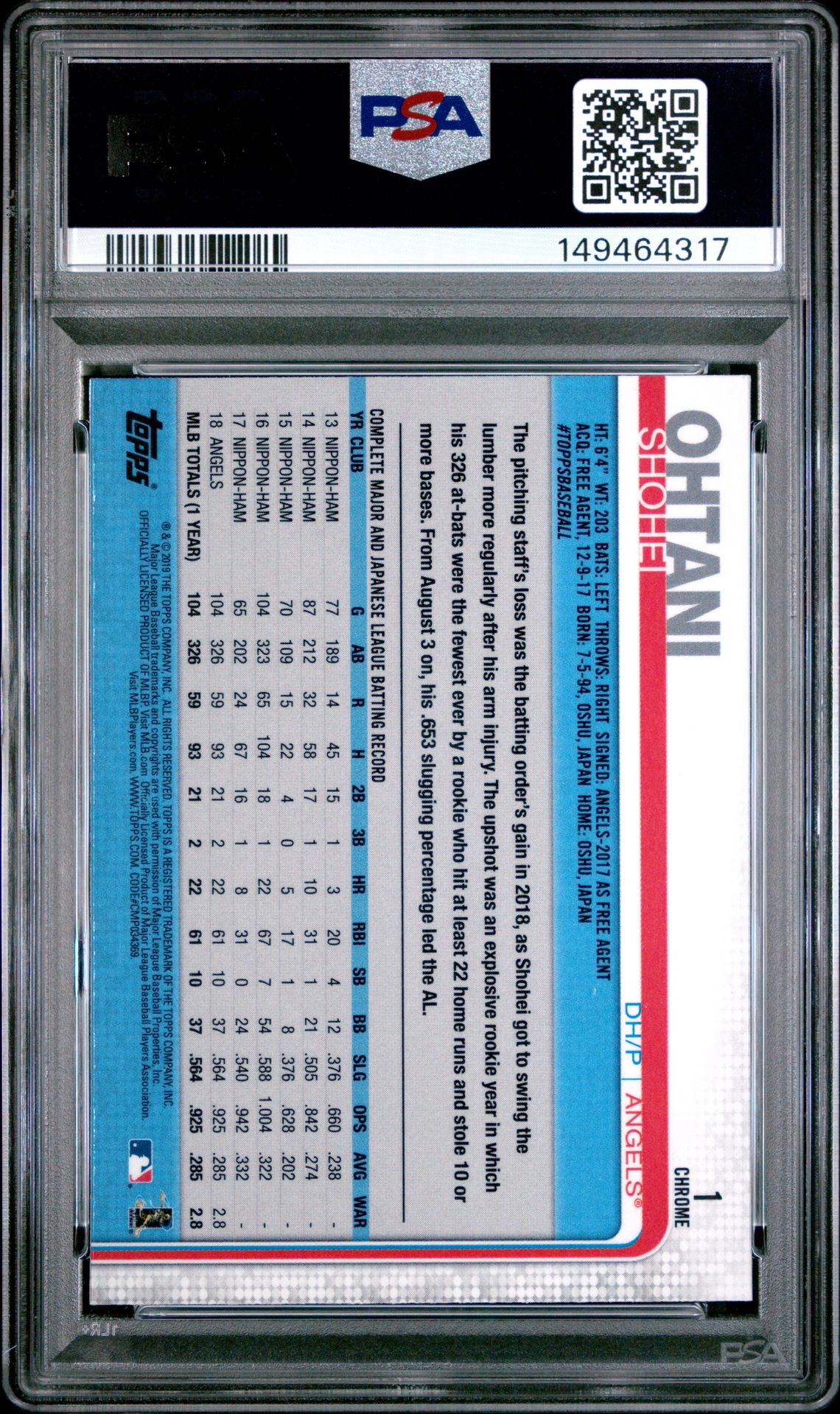2019 Topps Chrome Shohei Ohtani #1 Gem Mt 10 back view - PSA certificate #149464317