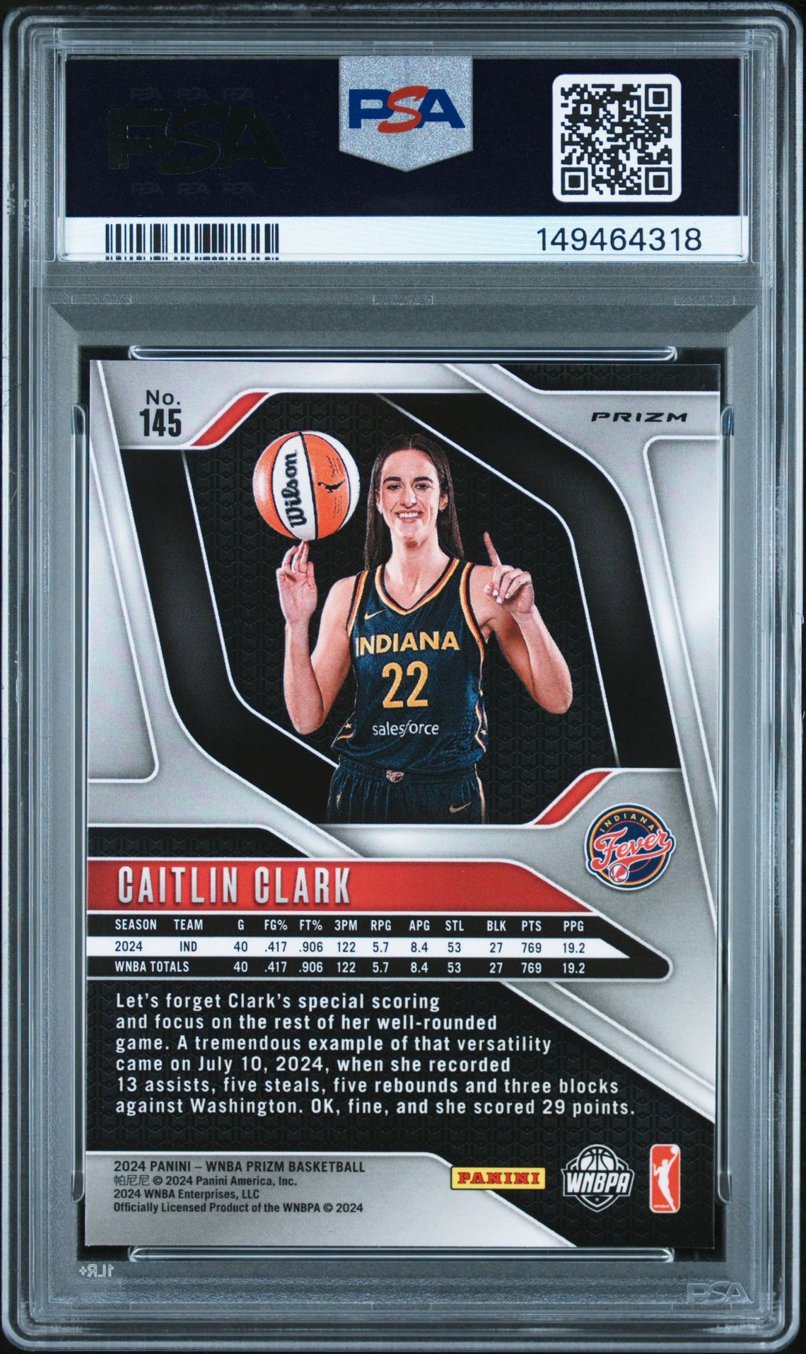2024 Panini Prizm Wnba Caitlin Clark #145 (Ice) Mint 9 back