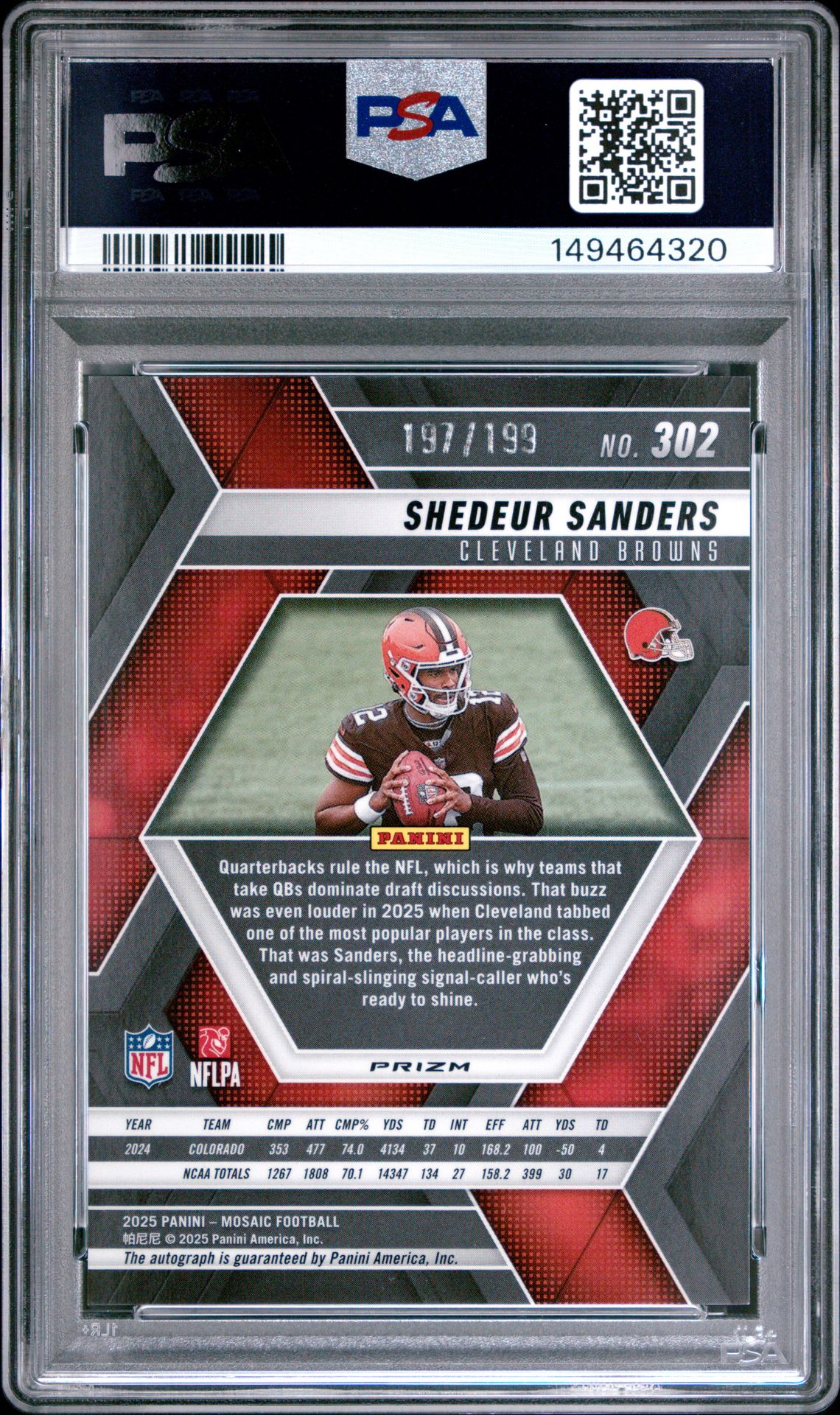 2025 Panini Mosaic Shedeur Sanders #302 (Autograph-Red) Mint 9 back