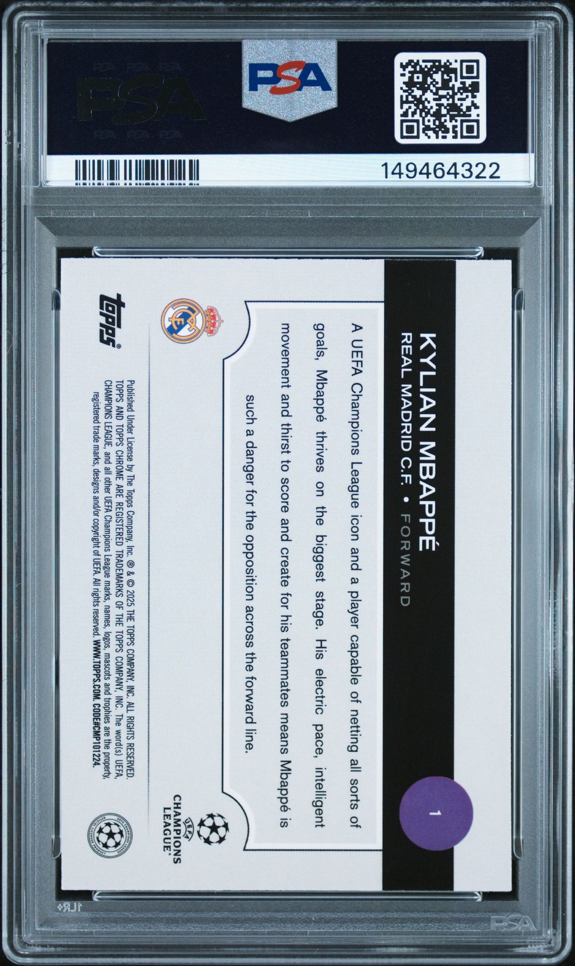 2024-25 Topps Chrome Uefa Club Competitions Kylian Mbappe #1 (Blue Prism) Mint 9 back