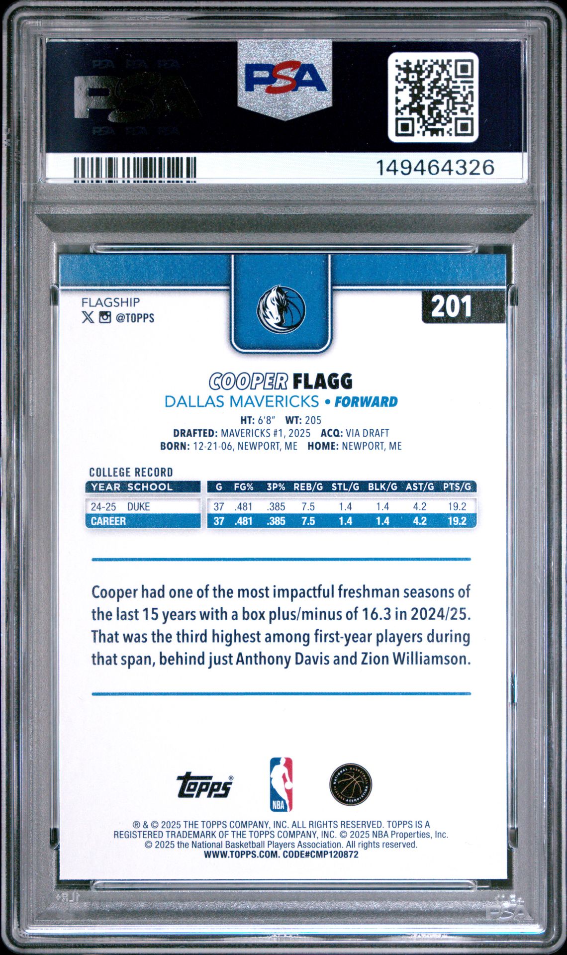 2025 Topps Cooper Flagg #201 (Season Tip Off) Mint 9 back