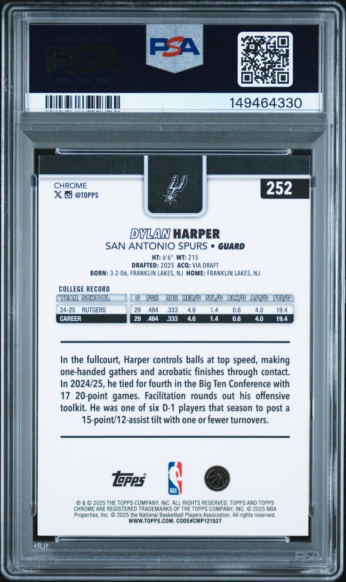 2025 Topps Chrome Dylan Harper #252 Mint 9 back