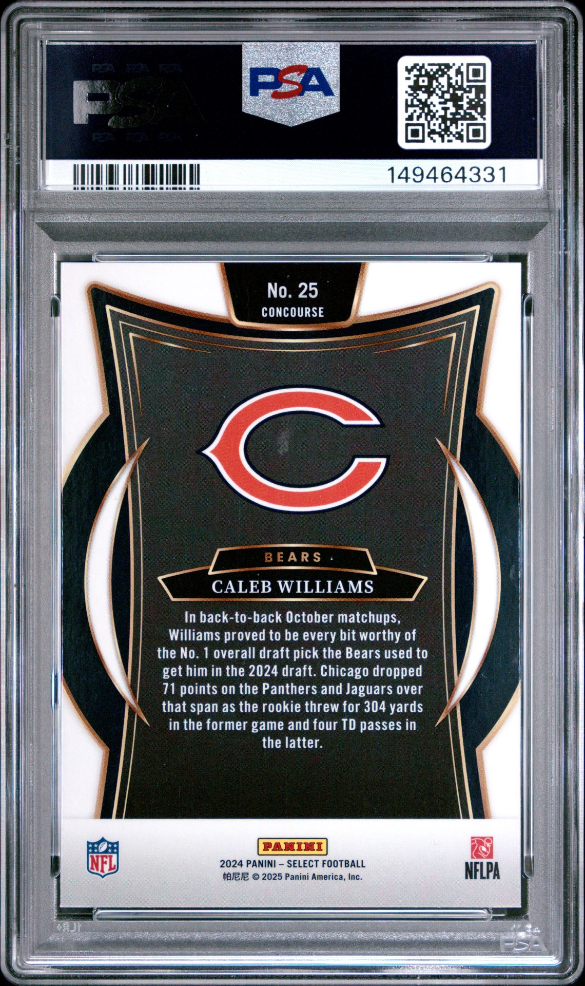 2024 Panini Select Caleb Williams #25 Gem Mt 10 back view - PSA certificate #149464331