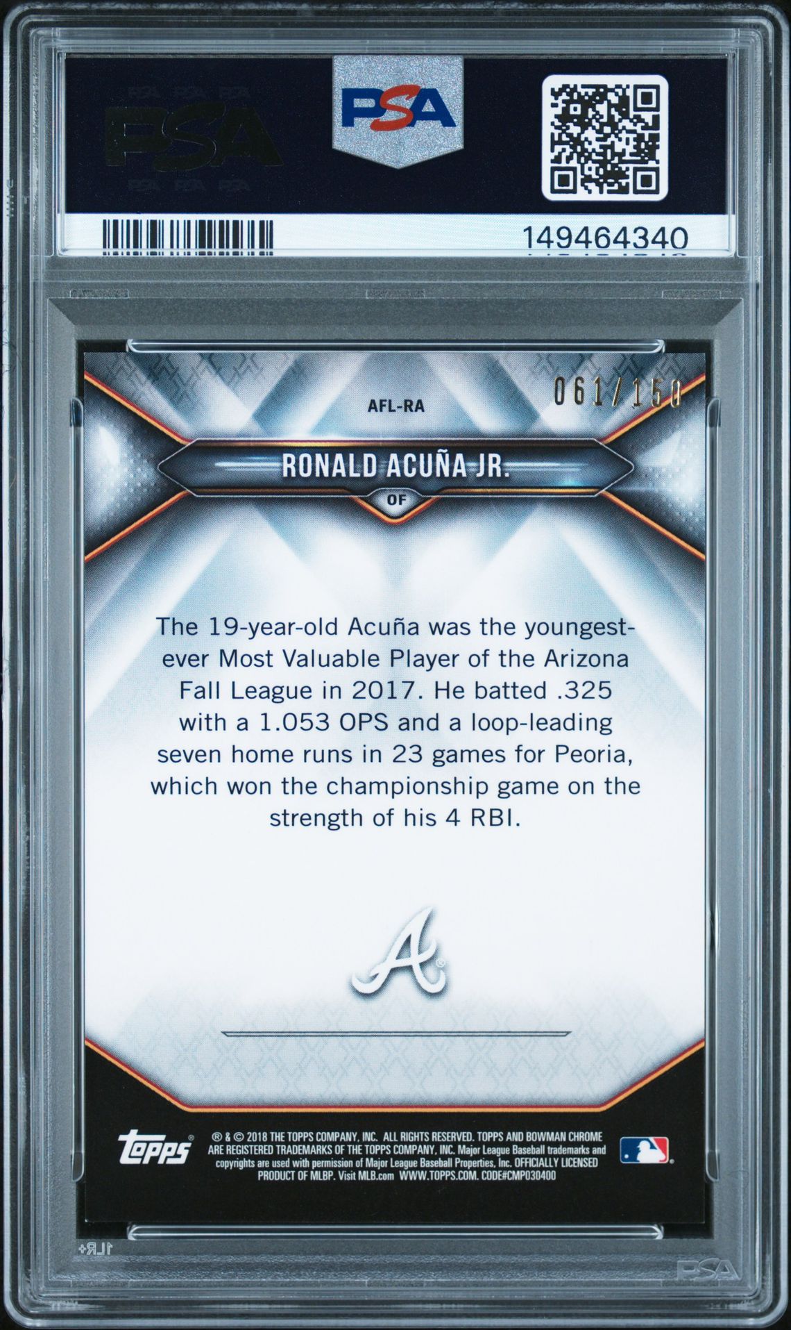 2018 Bowman Chrome 2017 Afl Fall Stars Ronald Acuna Jr. #Aflra (17 Afl Fall Stars-Atm.ref.) Mint 9 back