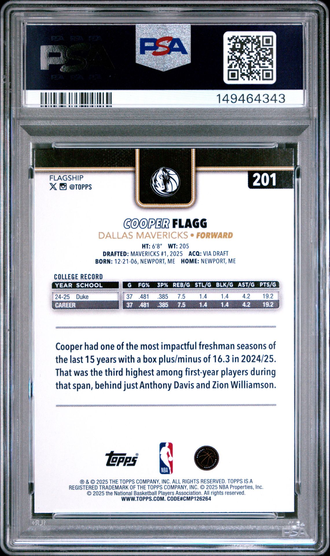 2025 Topps Cooper Flagg #201 (Blackout) Gem Mt 10 back view - PSA certificate #149464343