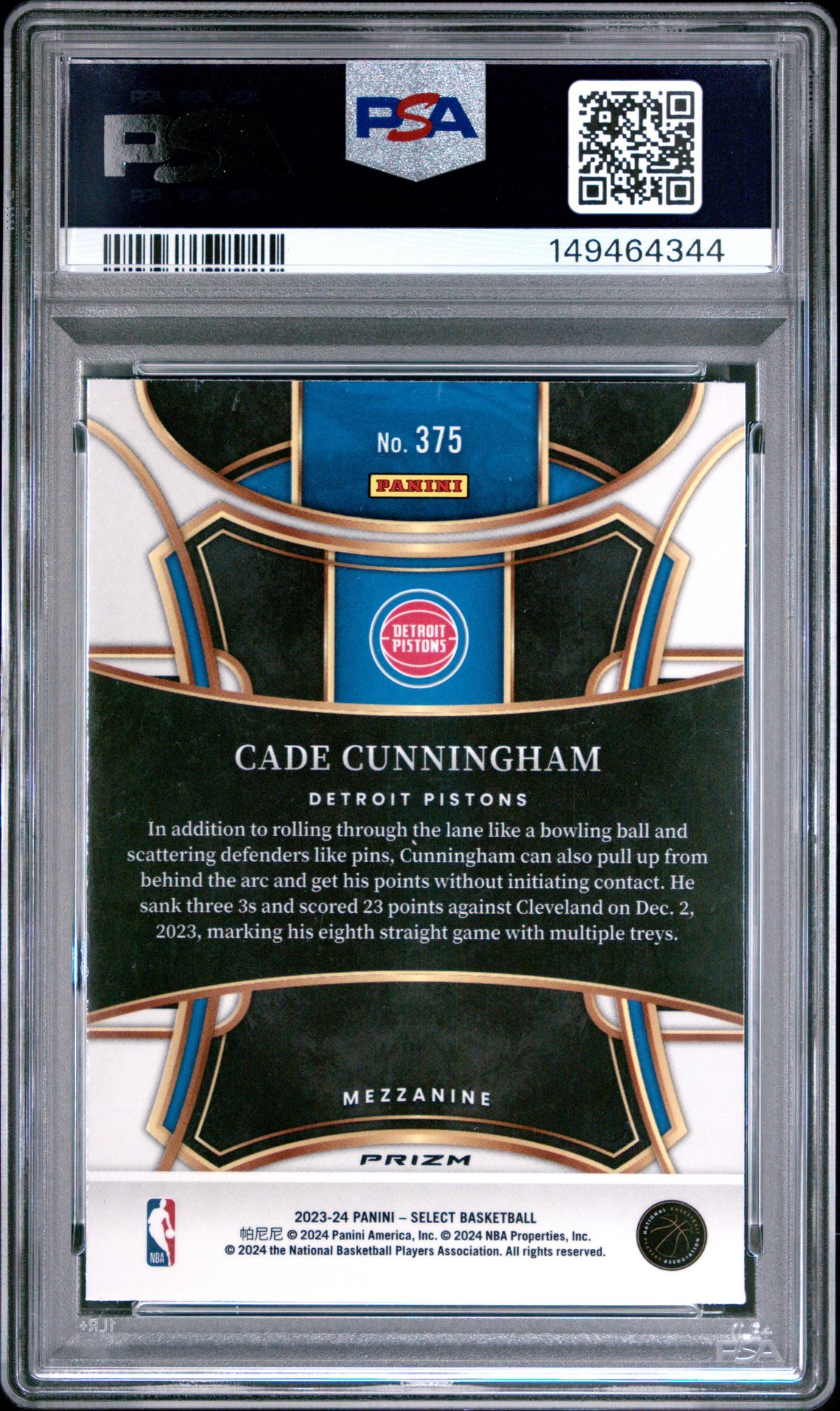 2023 Panini Select Cade Cunningham #375 (Elephant Prizm) Gem Mt 10 back view - PSA certificate #149464344