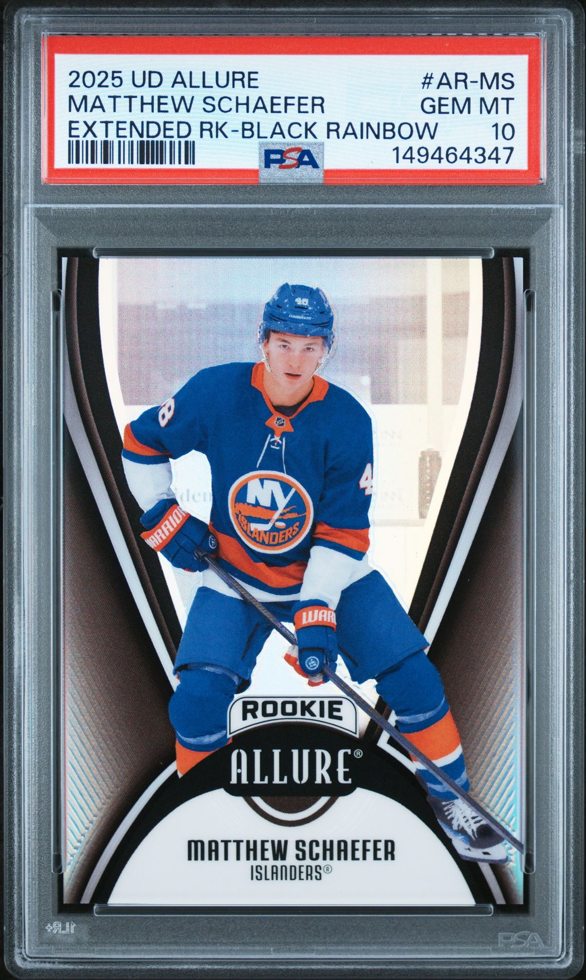 2025 Upper Deck Allure Extended Rookies Matthew Schaefer #Ar-Ms (Extended Rk-Black Rainbow) Gem Mt 10 front view - PSA graded GEM MT 10