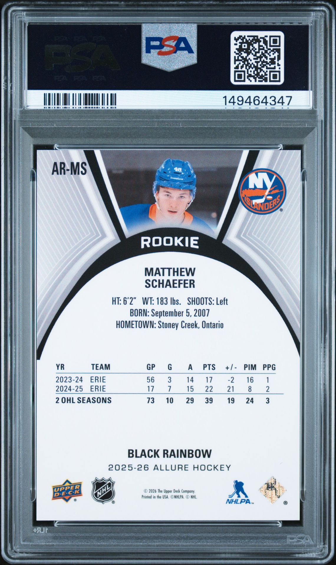 2025 Upper Deck Allure Extended Rookies Matthew Schaefer #Ar-Ms (Extended Rk-Black Rainbow) Gem Mt 10 back view - PSA certificate #149464347