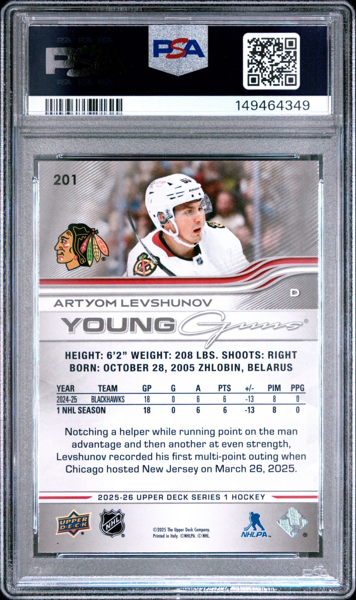 2025 Upper Deck Artyom Levshunov #201 Mint 9 back