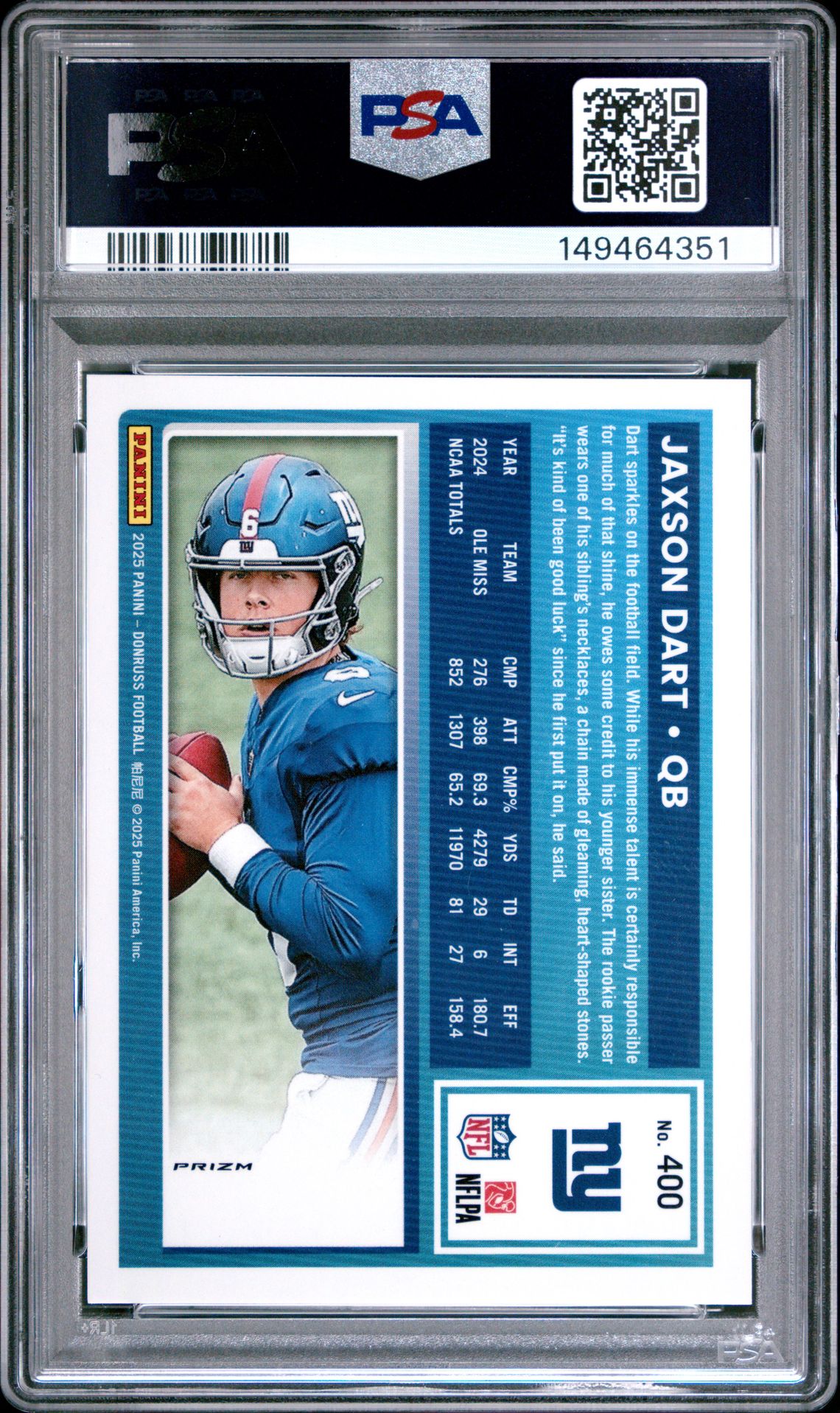 2025 Panini Donruss Jaxson Dart #400 (Optic Preview-Red Wave) Mint 9 back