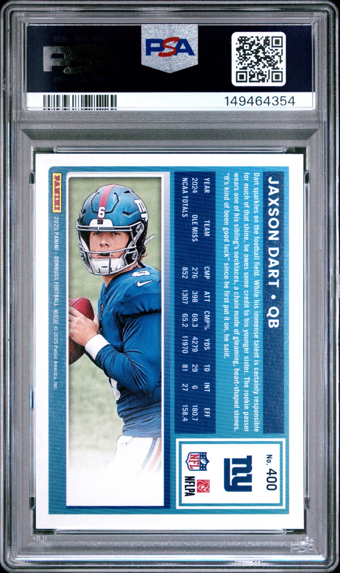 2025 Panini Donruss Jaxson Dart #400 Gem Mt 10 back view - PSA certificate #149464354