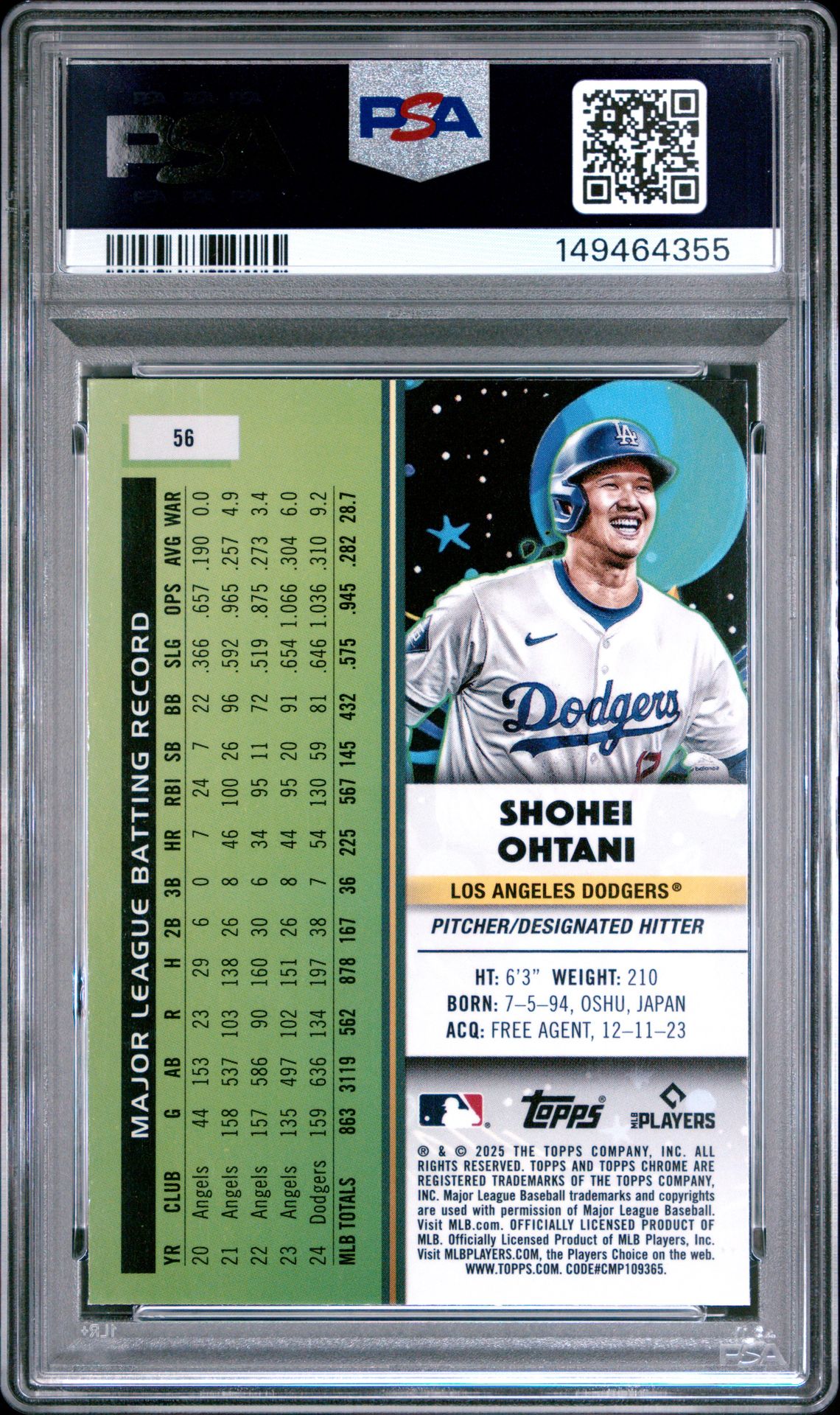 2025 Topps Cosmic Chrome Shohei Ohtani #56 Gem Mt 10 back view - PSA certificate #149464355