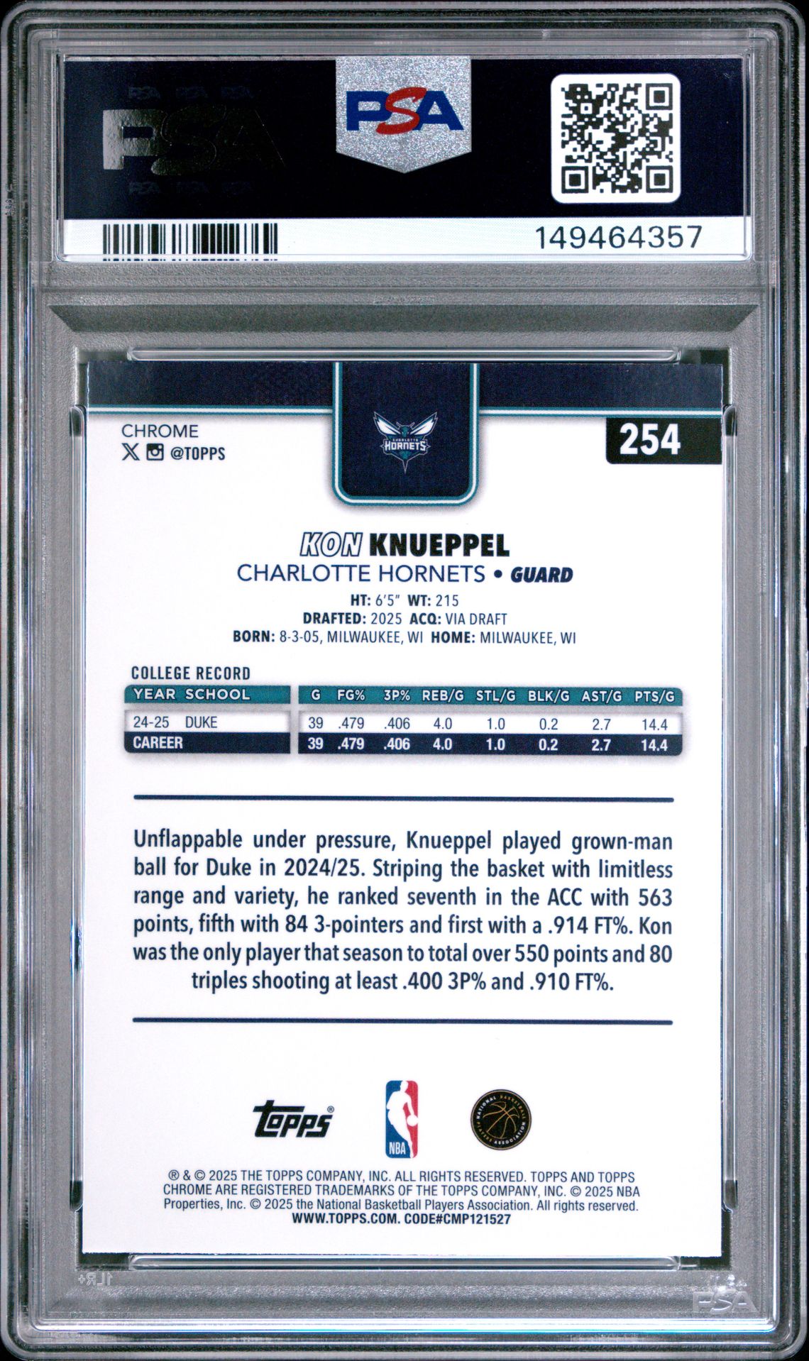 2025 Topps Chrome Kon Knueppel #254 (Basketball Refractor) Mint 9 back