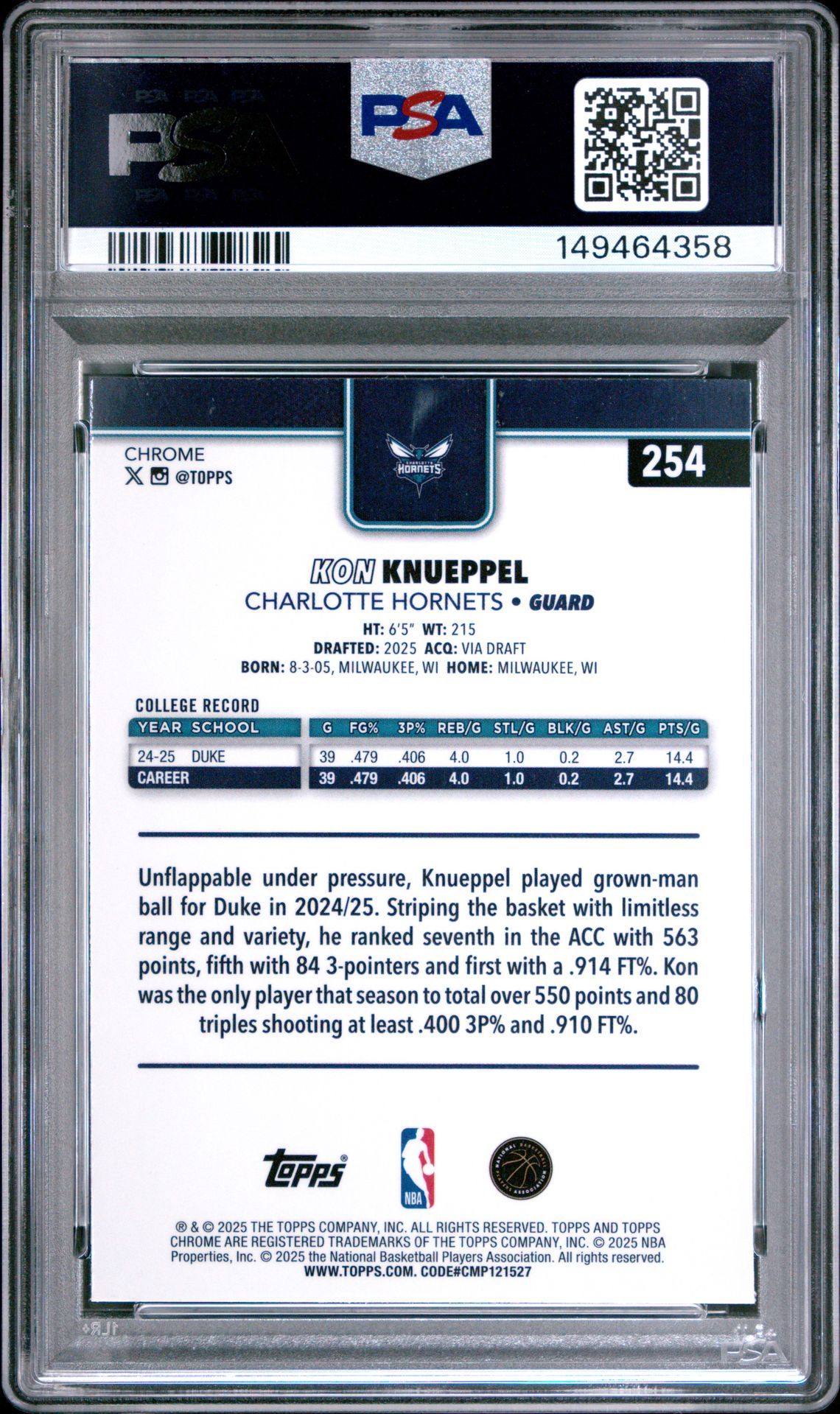 2025 Topps Chrome Kon Knueppel #254 (Basketball Refractor) Nm-Mt 8 back