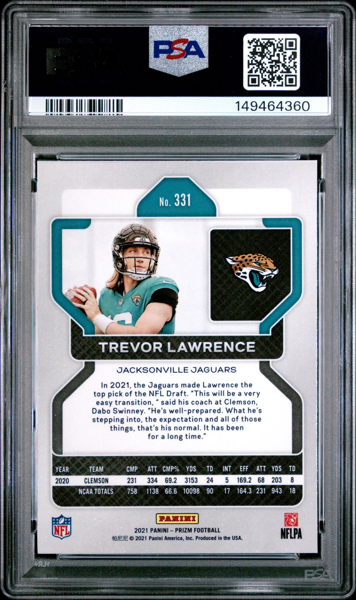 2021 Panini Prizm Trevor Lawrence #331 Nm-Mt 8 back