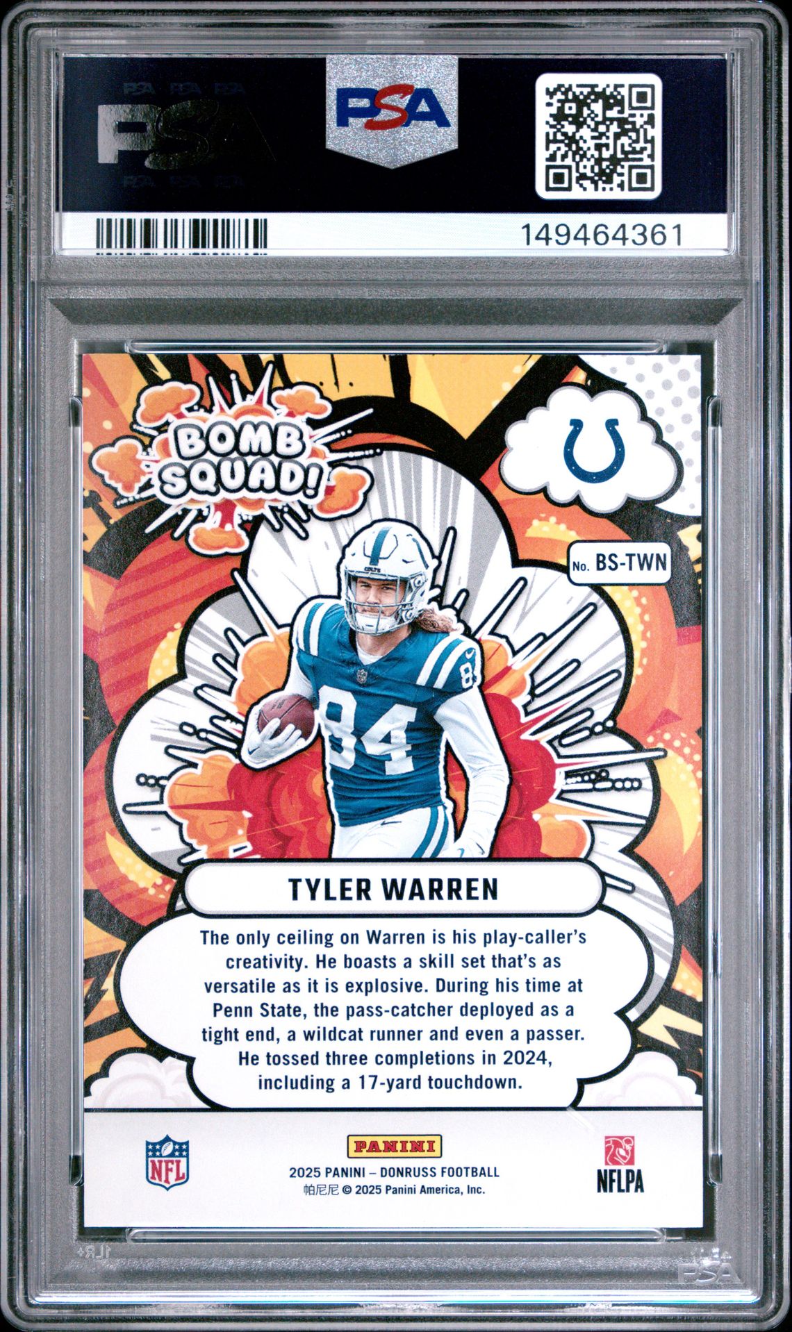 2025 Panini Donruss Bomb Squad Tyler Warren #Bs-Twn (Bomb Squad-Holo) Gem Mt 10 back view - PSA certificate #149464361