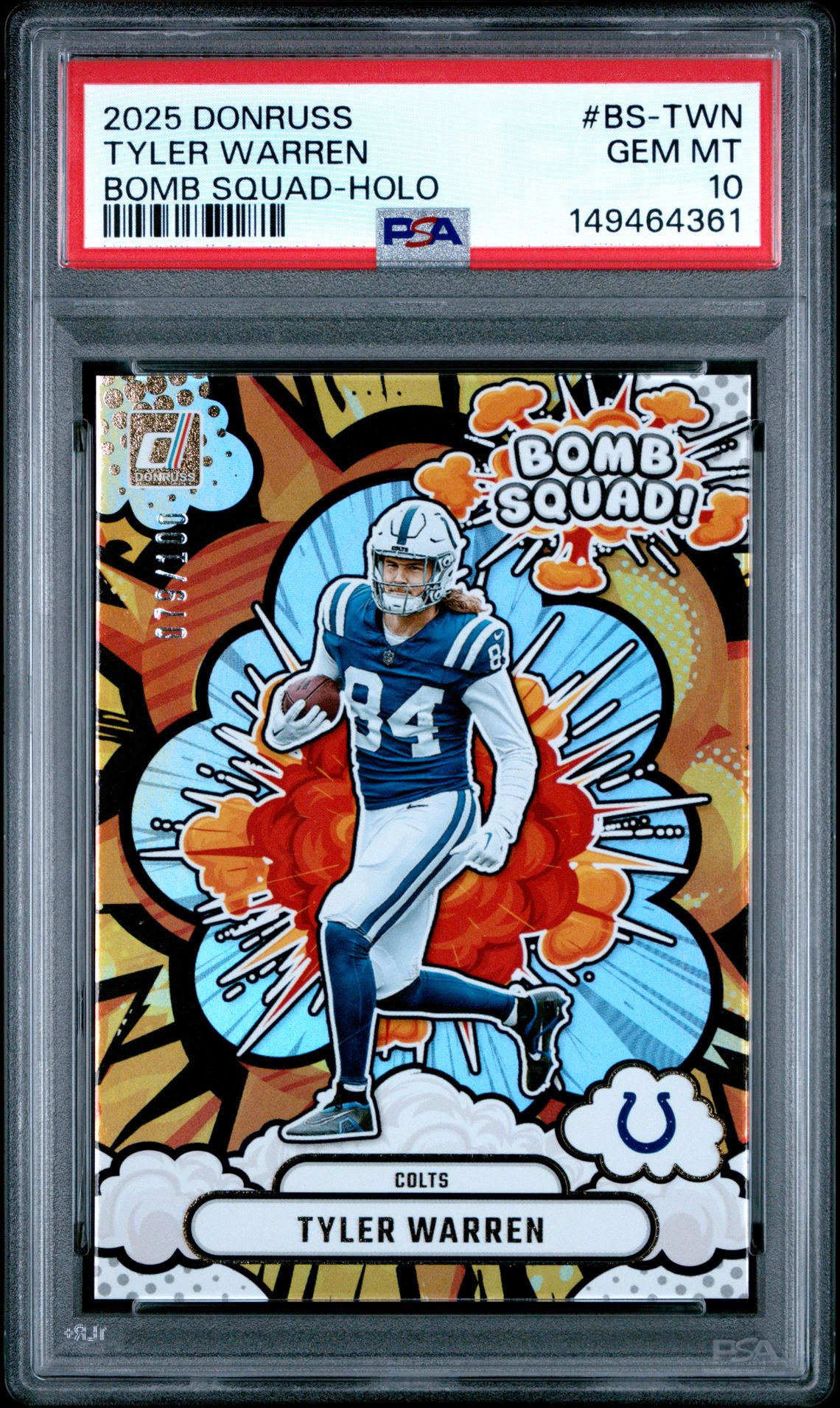2025 Panini Donruss Bomb Squad Tyler Warren #Bs-Twn (Bomb Squad-Holo) Gem Mt 10 front view - PSA graded GEM MT 10