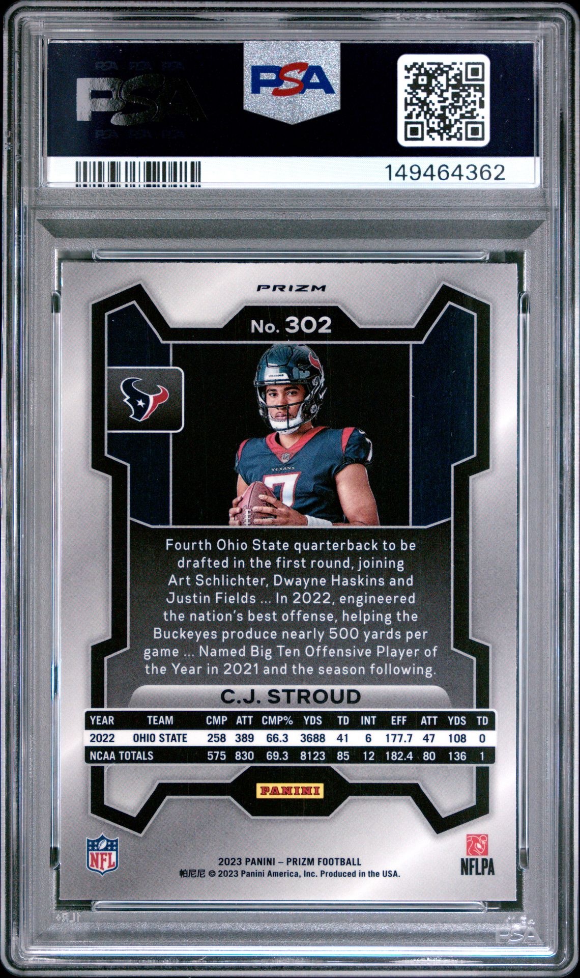 2023 Panini Prizm Cj Stroud #302 (Variation) Gem Mt 10 back view - PSA certificate #149464362