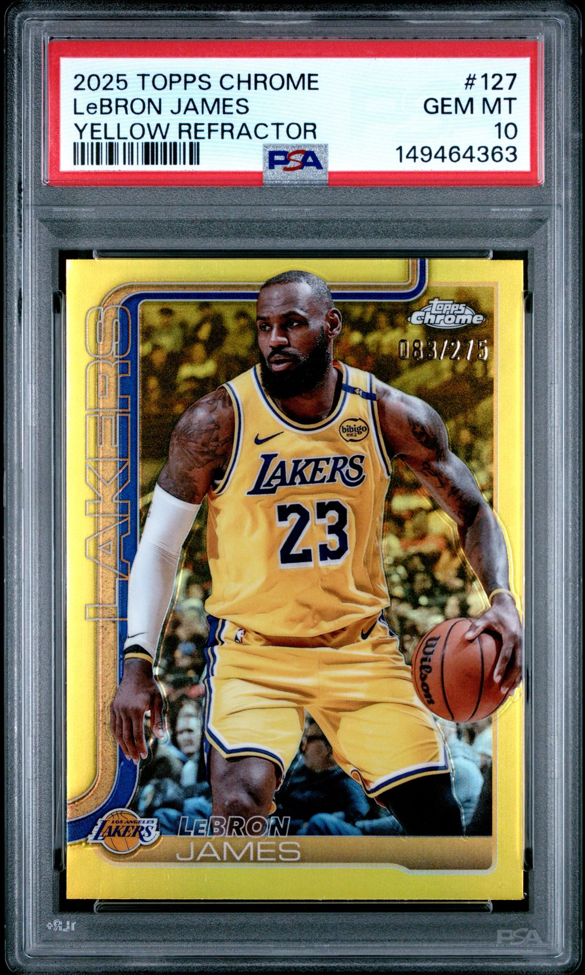 2025 Topps Chrome Lebron James #127 (Yellow Refractor) Gem Mt 10 front view - PSA graded GEM MT 10