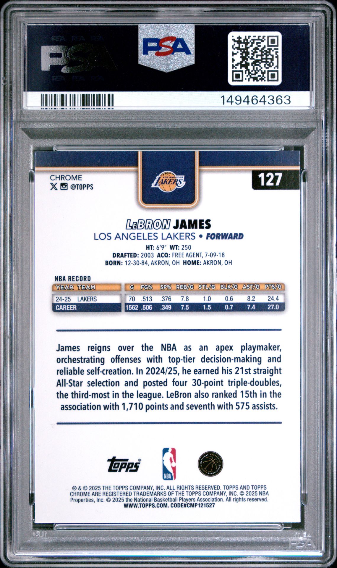 2025 Topps Chrome Lebron James #127 (Yellow Refractor) Gem Mt 10 back view - PSA certificate #149464363