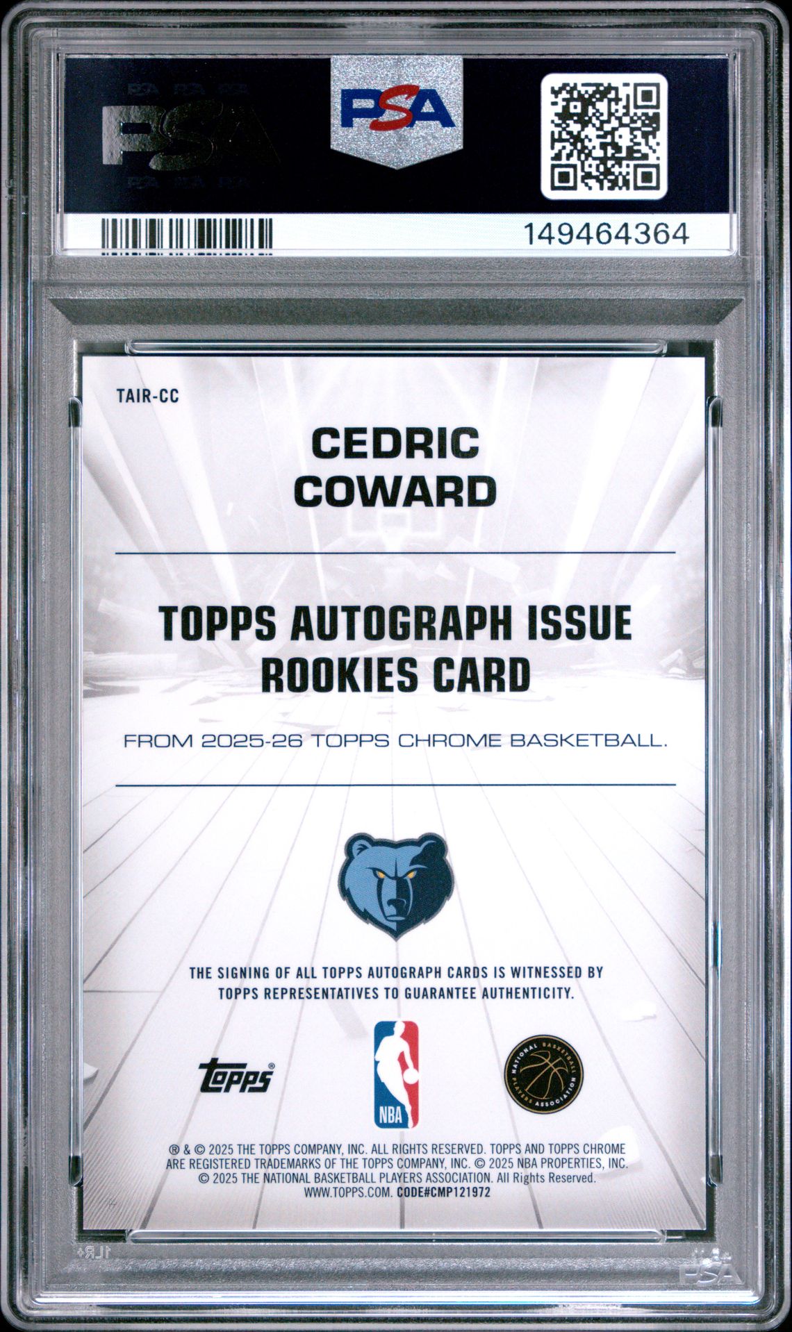 2025 Topps Chrome Autograph Issue Rookies Cedric Coward #Tair-Cc Gem Mt 10 back view - PSA certificate #149464364