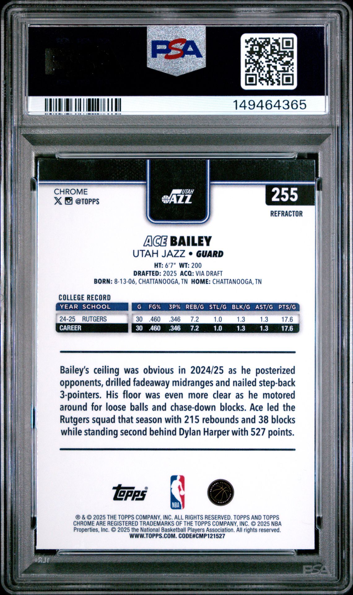 2025 Topps Chrome Ace Bailey #255 (Refractor) Mint 9 back