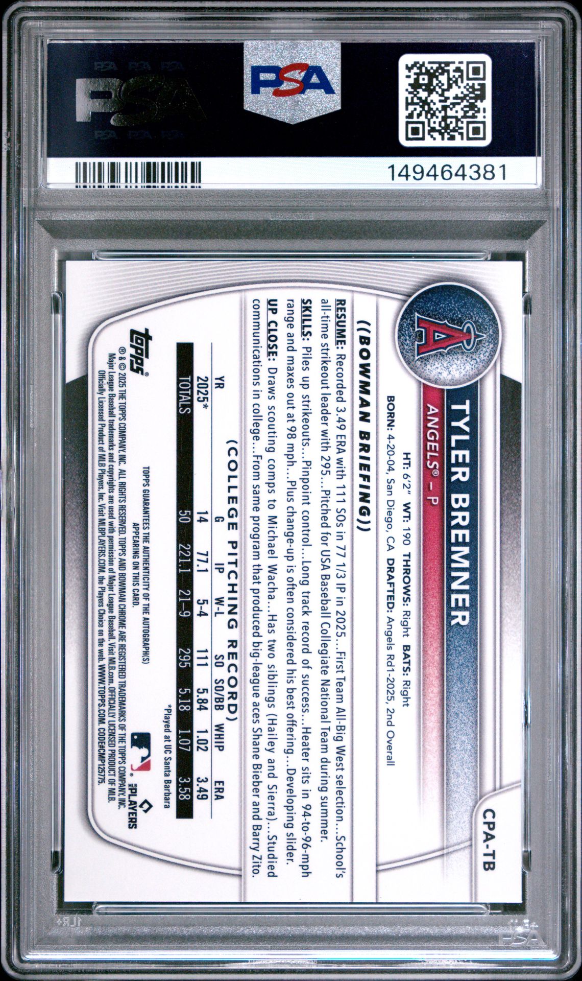 2025 Bowman Draft Chrome Prospect Autographs Tyler Bremner #Cpa-Tb Mint 9 back