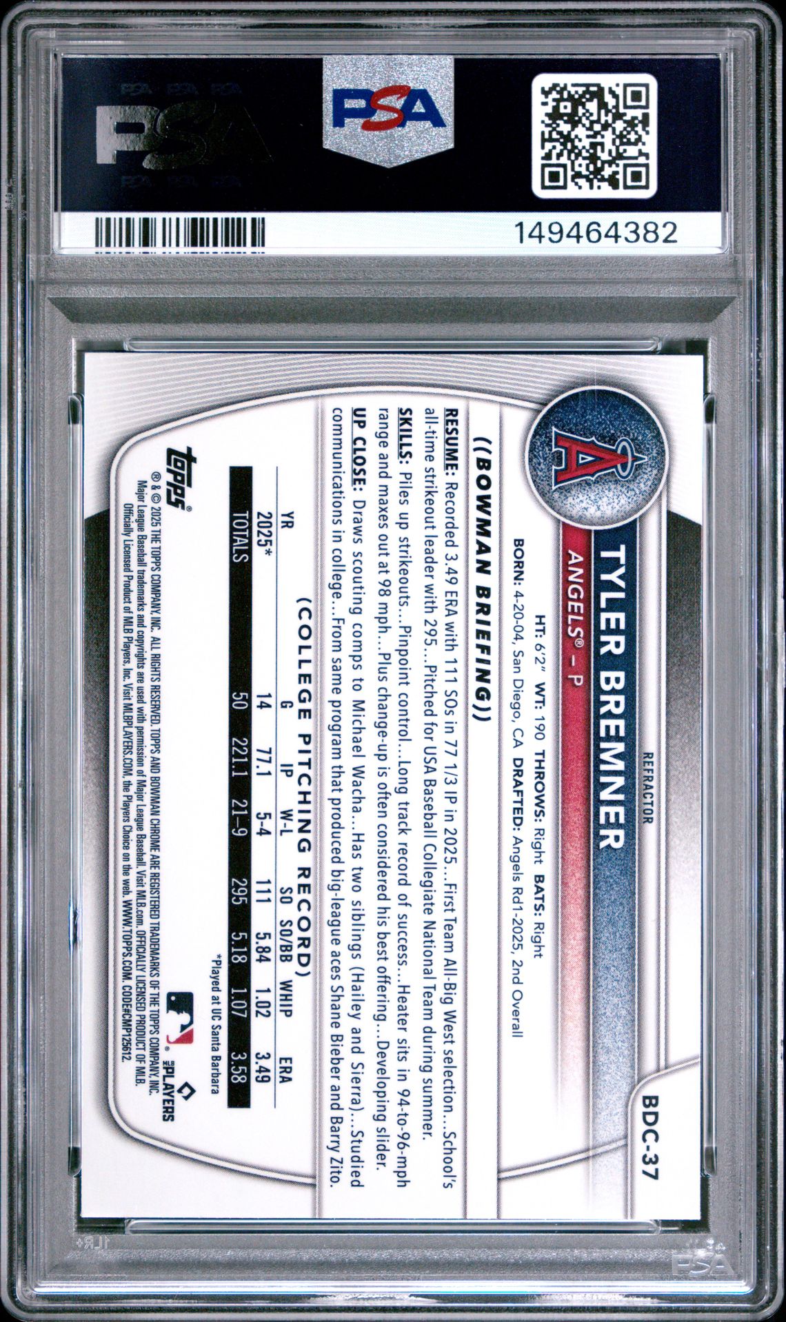 2025 Bowman Draft Tyler Bremner #Bdc-37 (Chrome-Refractor) Mint 9 back