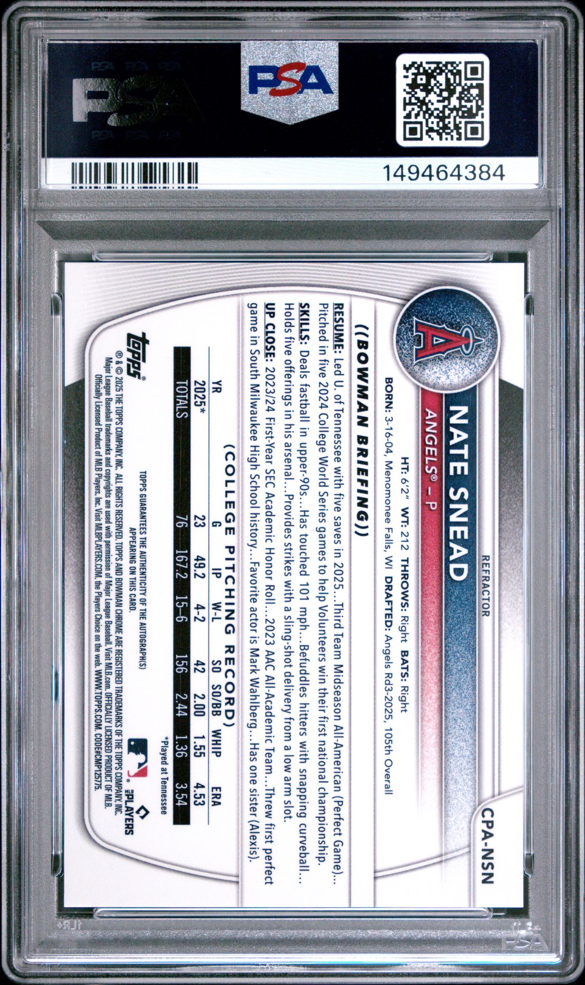 2025 Bowman Draft Chrome Prospect Autographs Nate Snead #Cpa-Nsn (Chr Prospect Au-Refractor) Mint 9 back