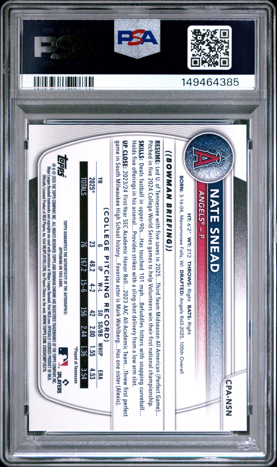 2025 Bowman Draft Chrome Prospect Autographs Nate Snead #Cpa-Nsn Mint 9 back
