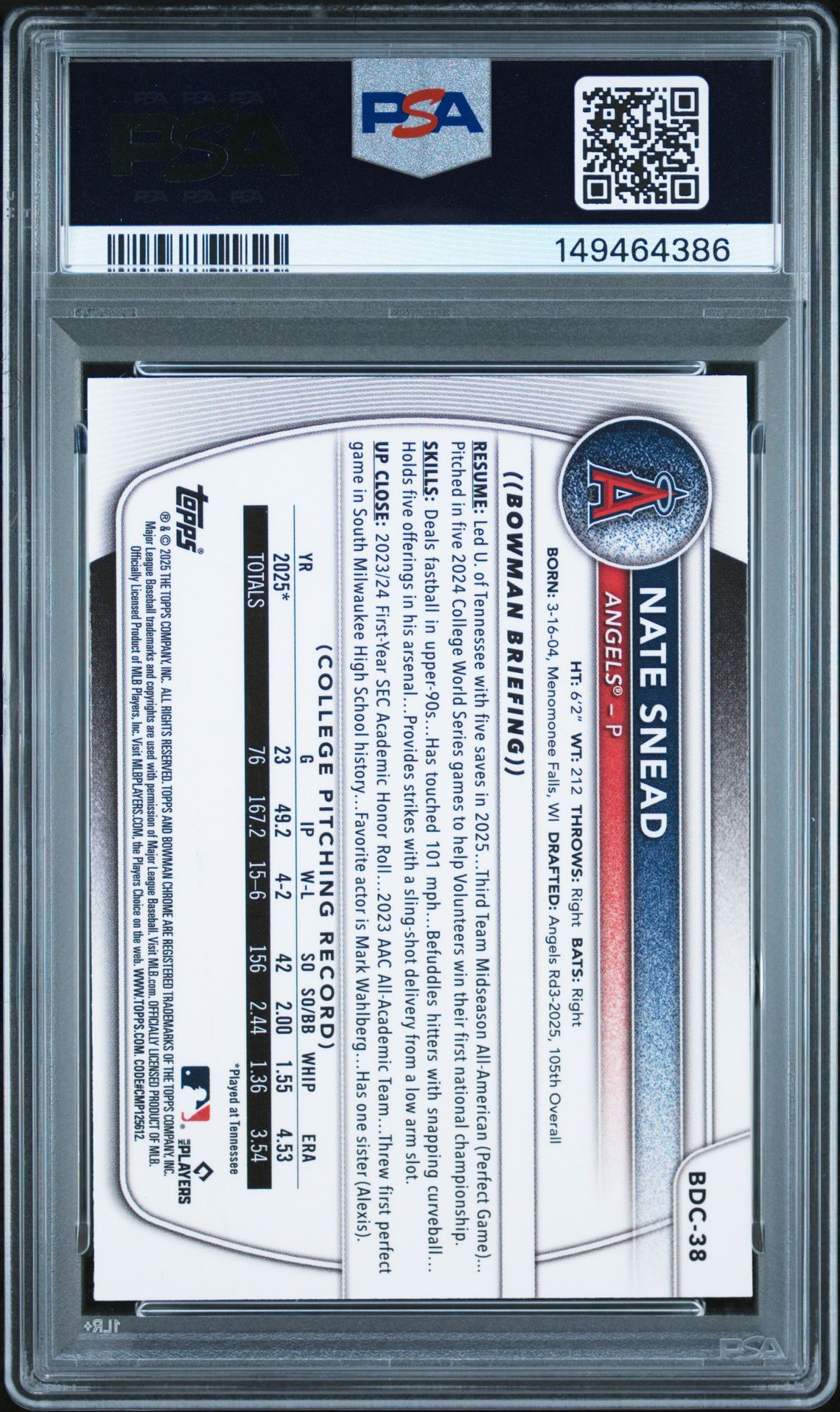 2025 Bowman Draft Nate Snead #Bdc-38 (Chrome-Yellow Refractor) Mint 9 back