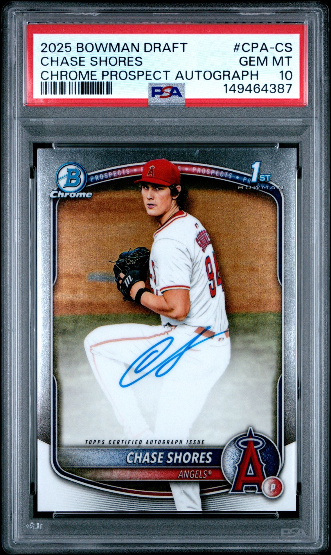 2025 Bowman Draft Chrome Prospect Autographs Chase Shores #Cpa-Cs Gem Mt 10 front