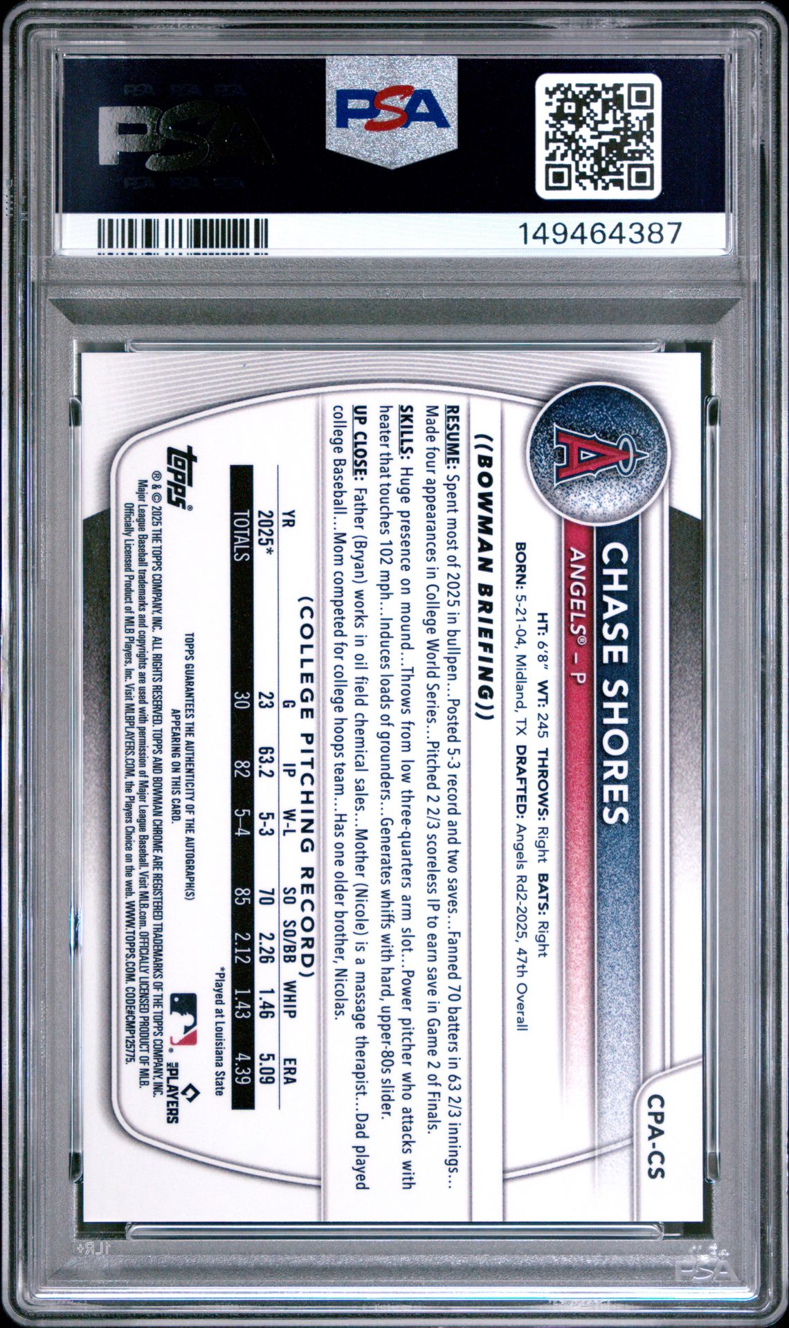 2025 Bowman Draft Chrome Prospect Autographs Chase Shores #Cpa-Cs Gem Mt 10 back