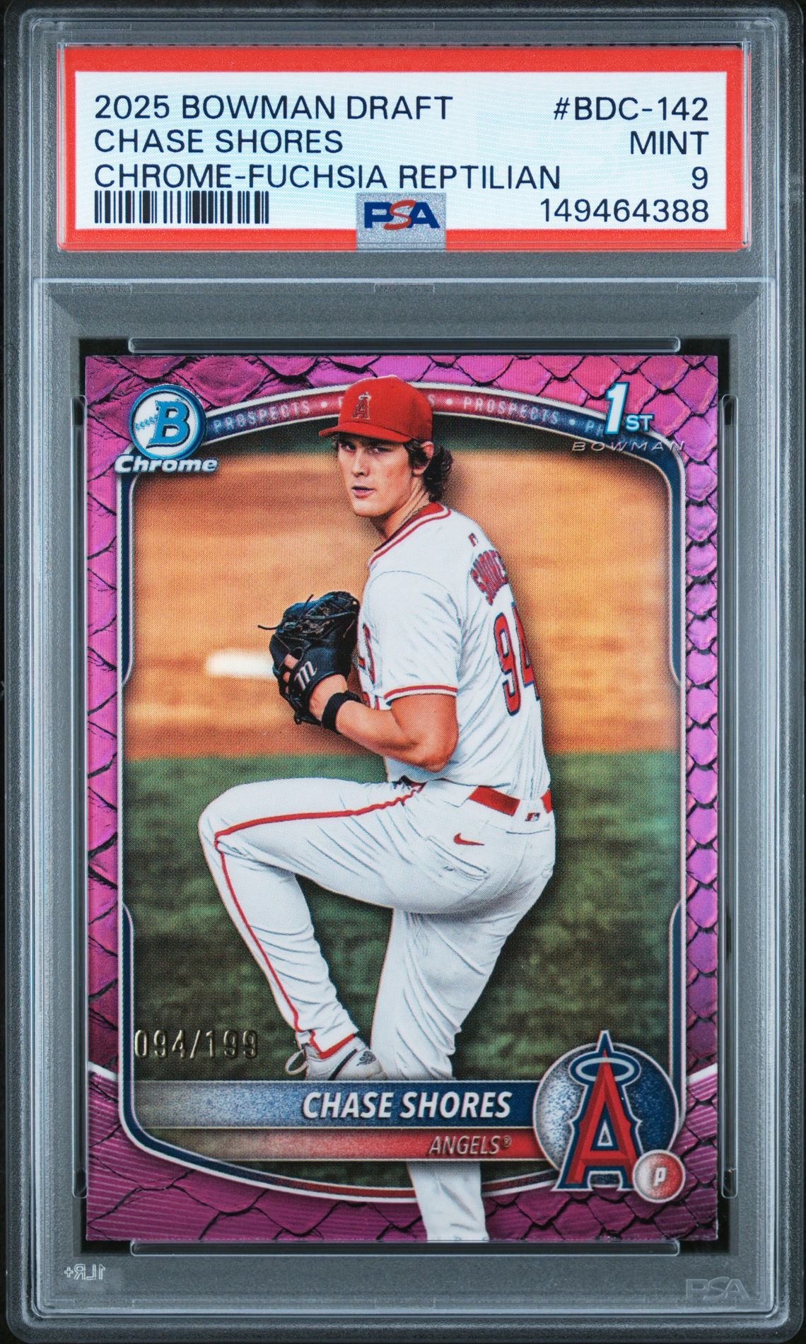 2025 Bowman Draft Chase Shores #Bdc-142 (Chrome-Fuchsia Reptilian) Mint 9 front