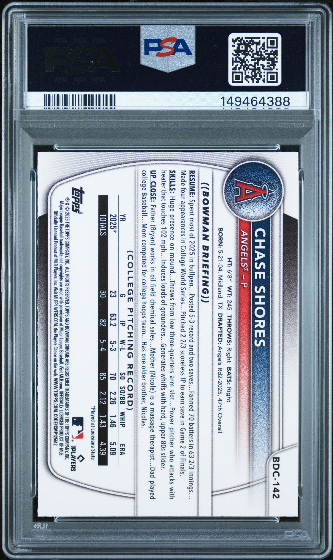 2025 Bowman Draft Chase Shores #Bdc-142 (Chrome-Fuchsia Reptilian) Mint 9 back